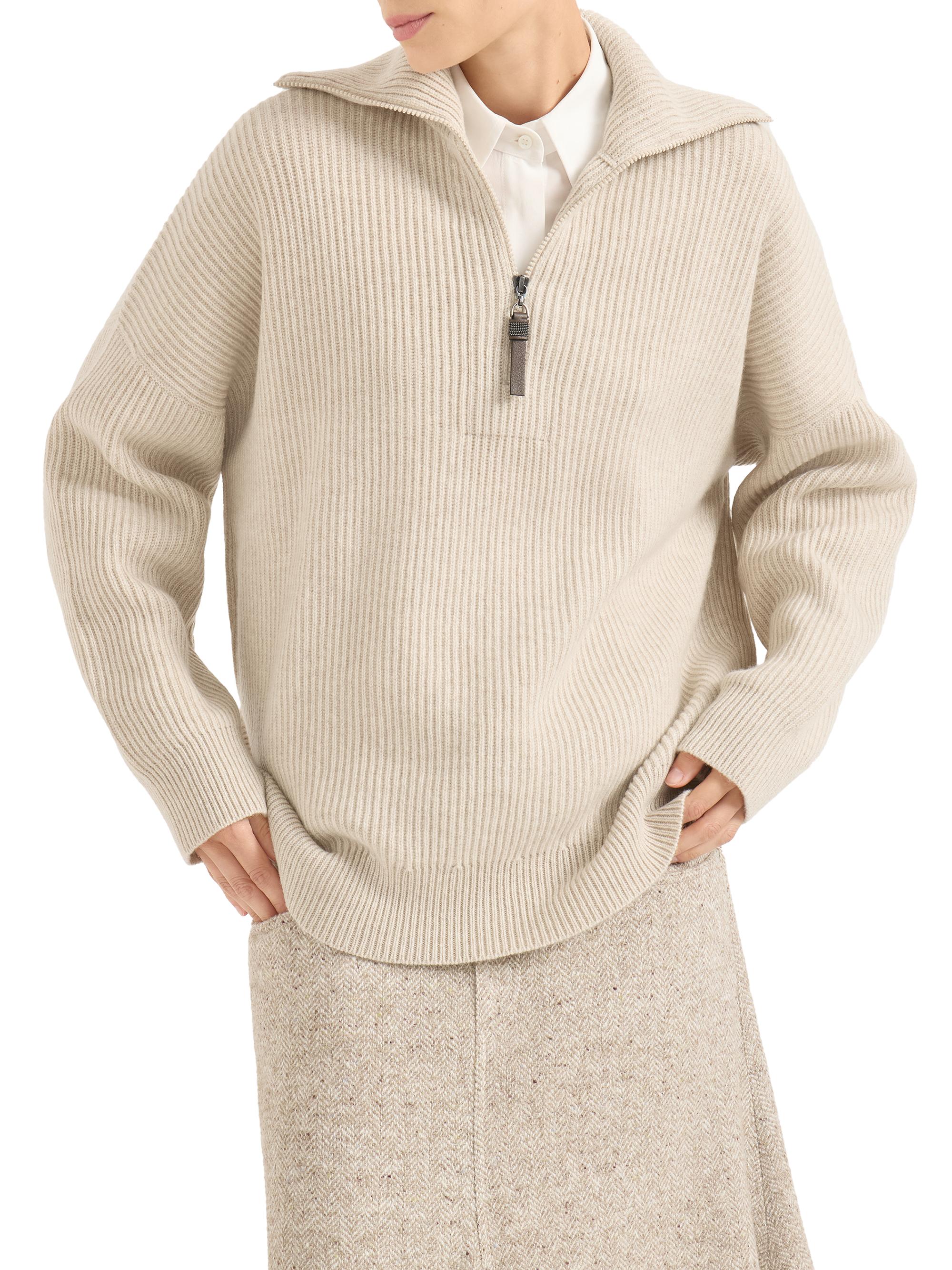 Brunello Cucinelli Cashmere English Rib Sweater with Shiny Zipper