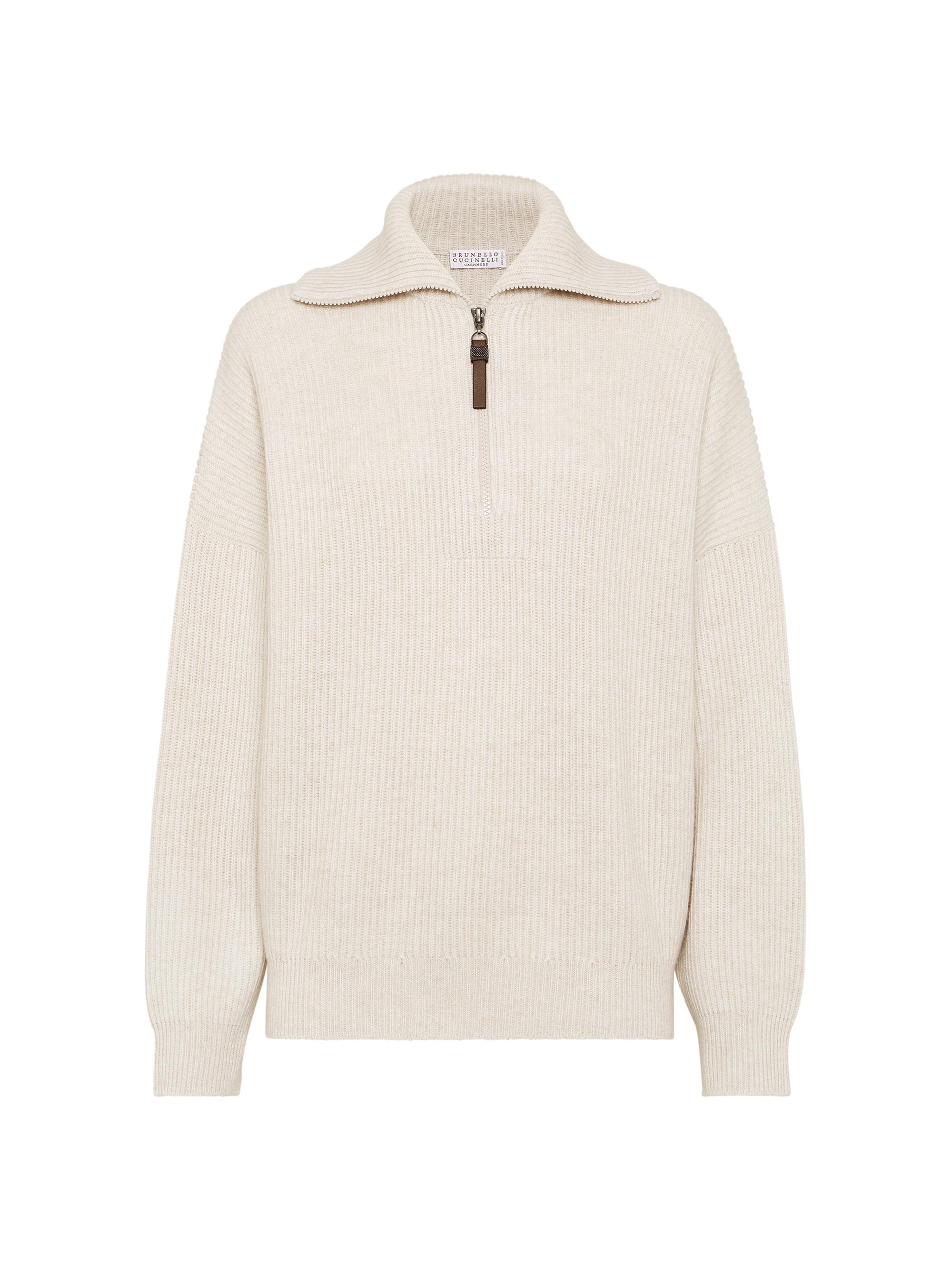 Brunello Cucinelli Women's Cashmere English Rib Sweater with Shiny Zipper Pull - Pearl