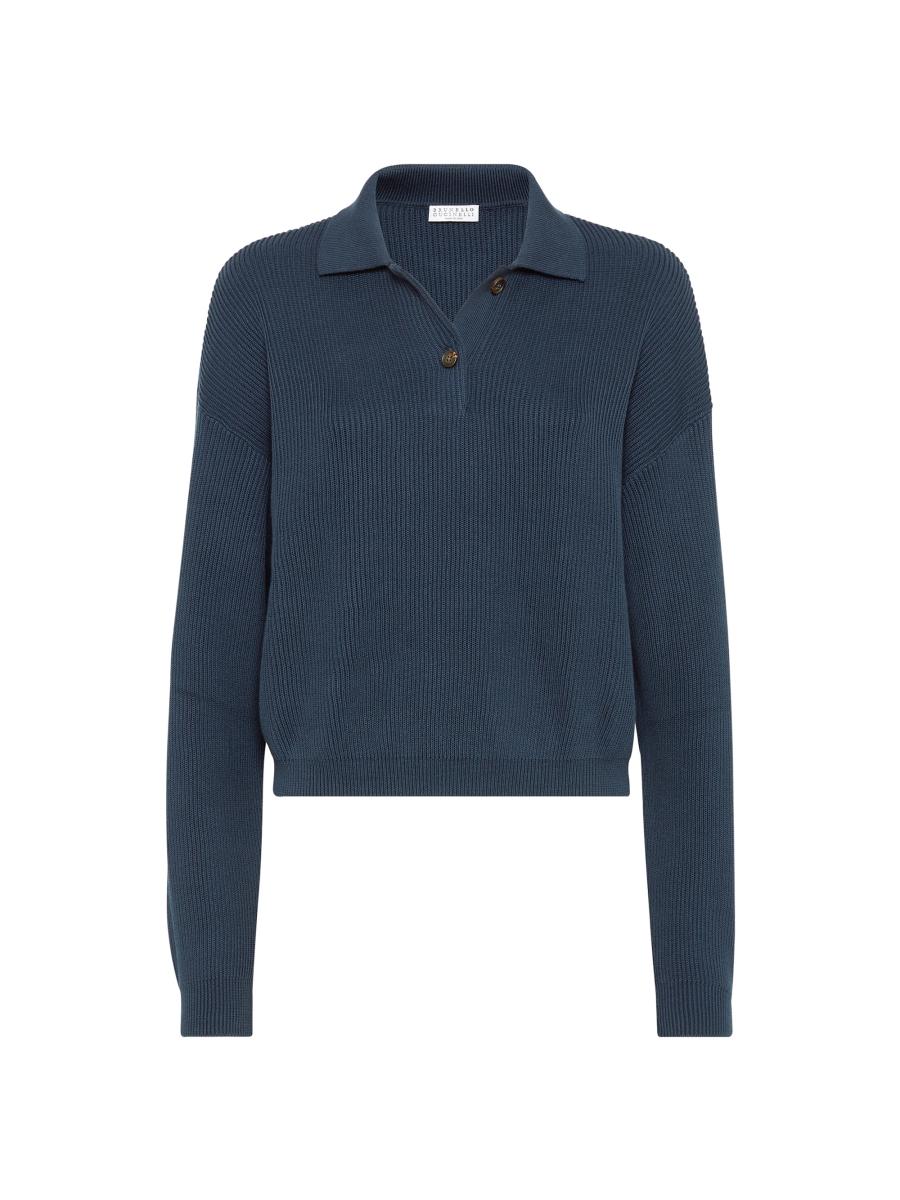 Brunello Cucinelli Women's Cotton English Rib Knit Polo Shirt With Monili In Blue