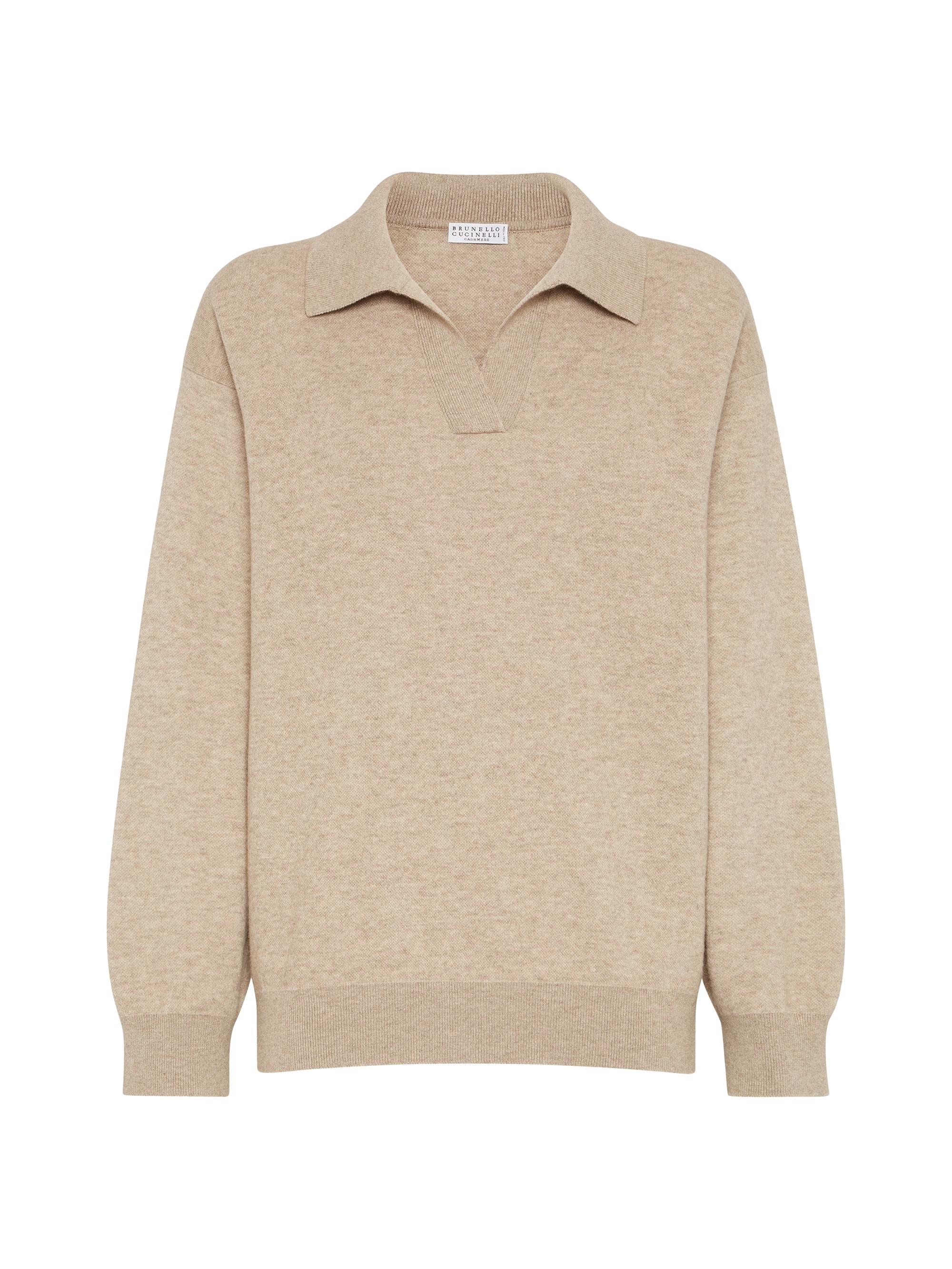 Brunello Cucinelli Women's Cashmere Double Knit Polo Shirt with Monili - Biscuit