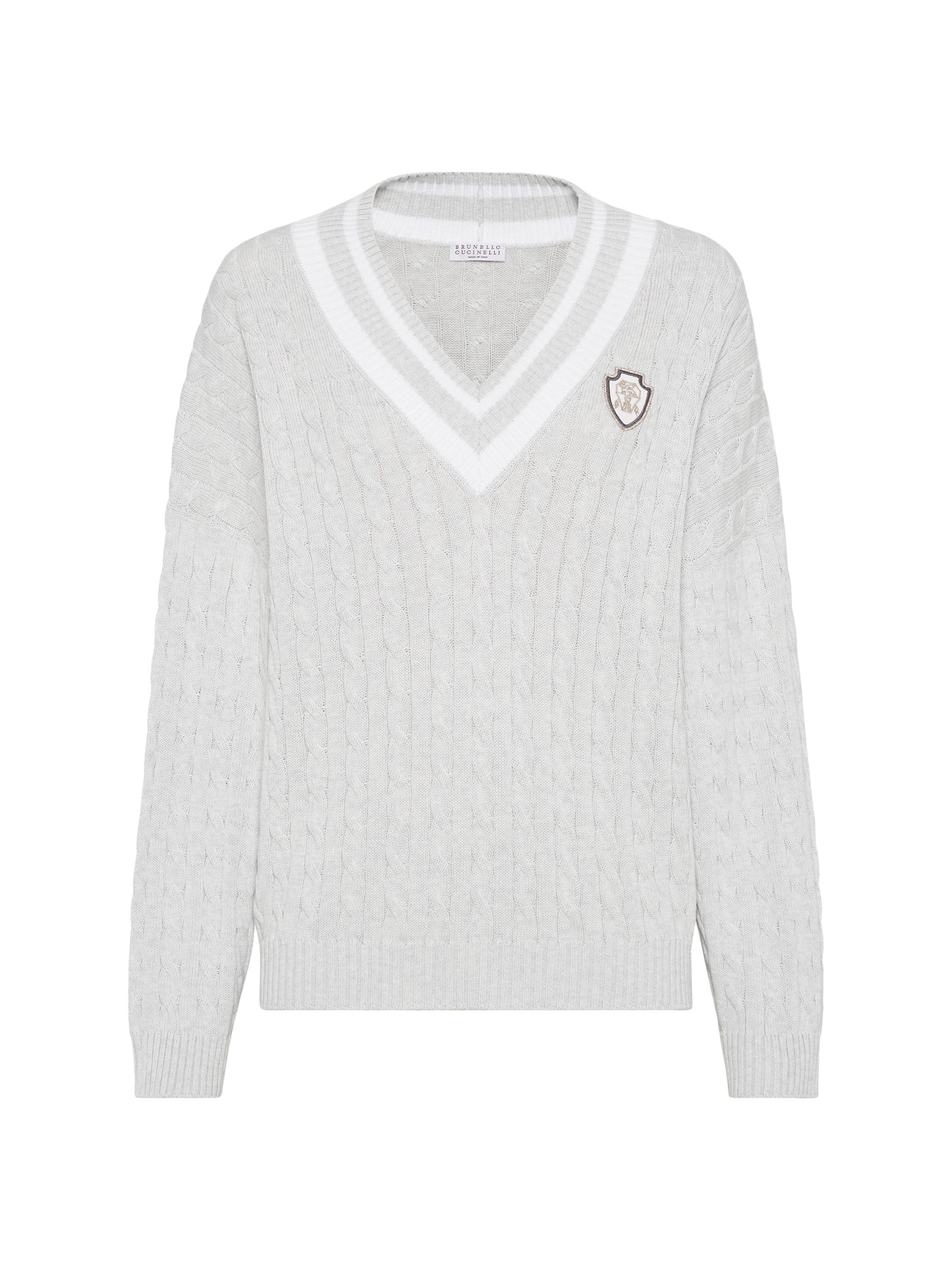 Brunello Cucinelli Women's Cotton Cable Sweater with Logo - Light Grey