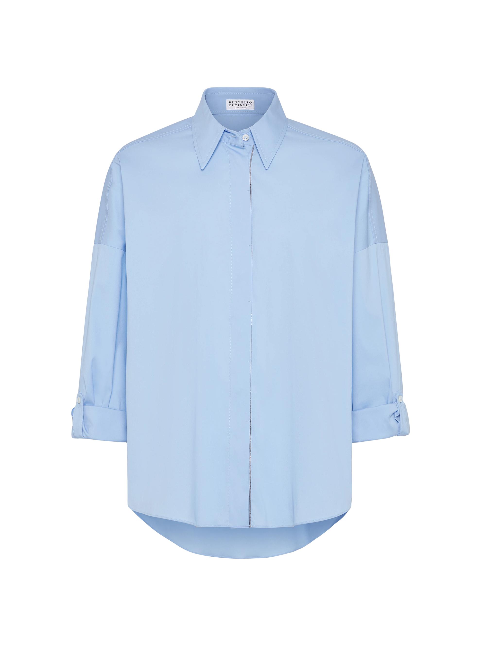 Brunello Cucinelli Women's Stretch Cotton Poplin Shirt with Shiny Trim - Sky Blue
