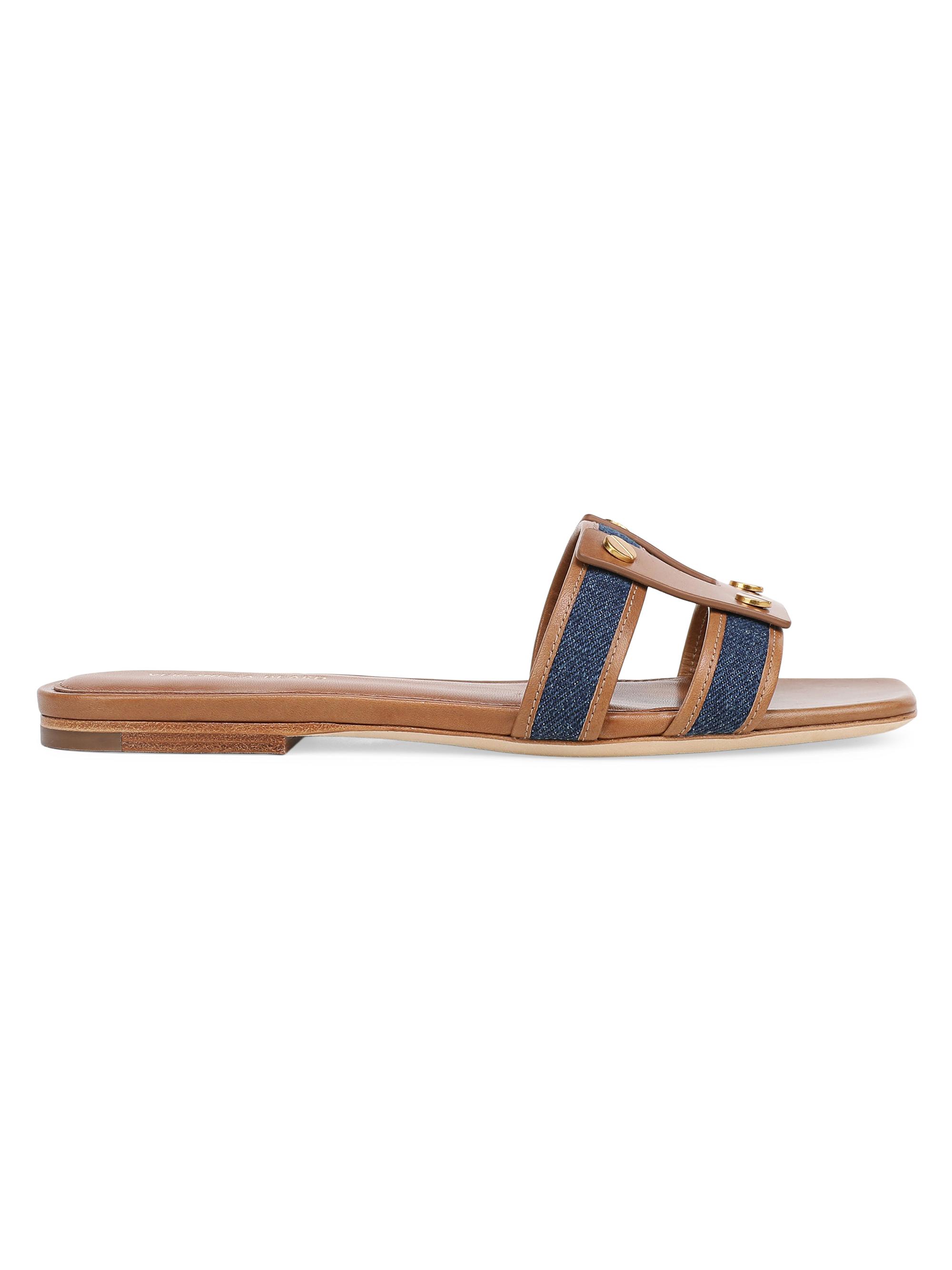 Veronica Beard Women's Via Leather-Denim Flat Sandals - Honey Navy