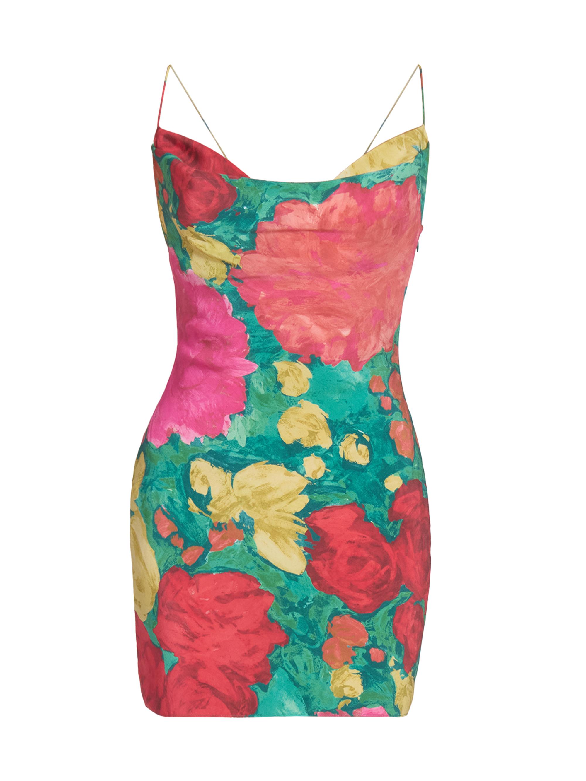 Balmain Women's Rose-Print Silk Minidress - Vert Rose Jaune