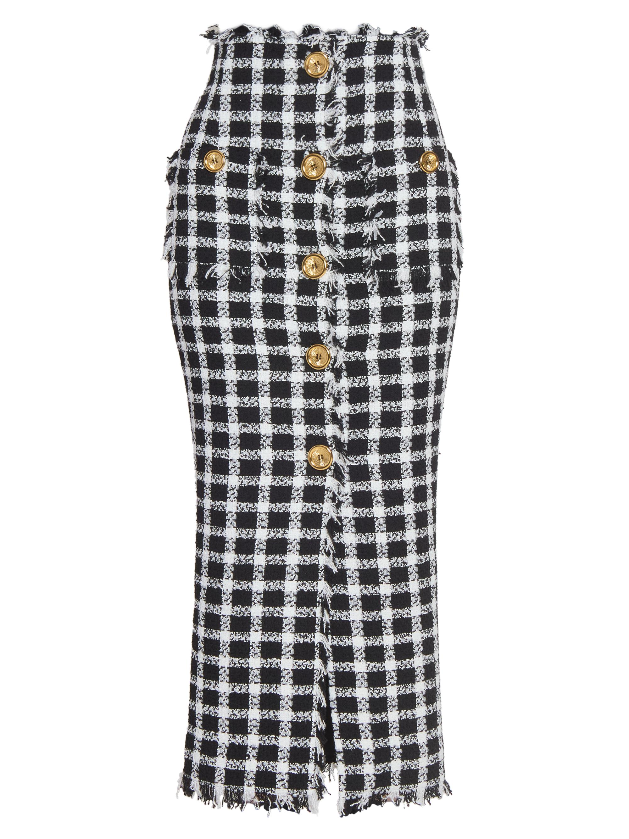 Balmain Women's Vichy Fringed Tweed High-Rise Midi-Skirt - Noir Blanc