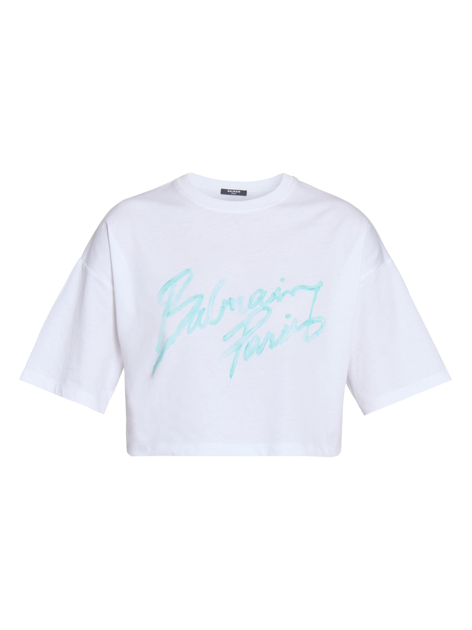 Balmain Women's Paris Logo Crop T-Shirt - Blanc Vert Pale