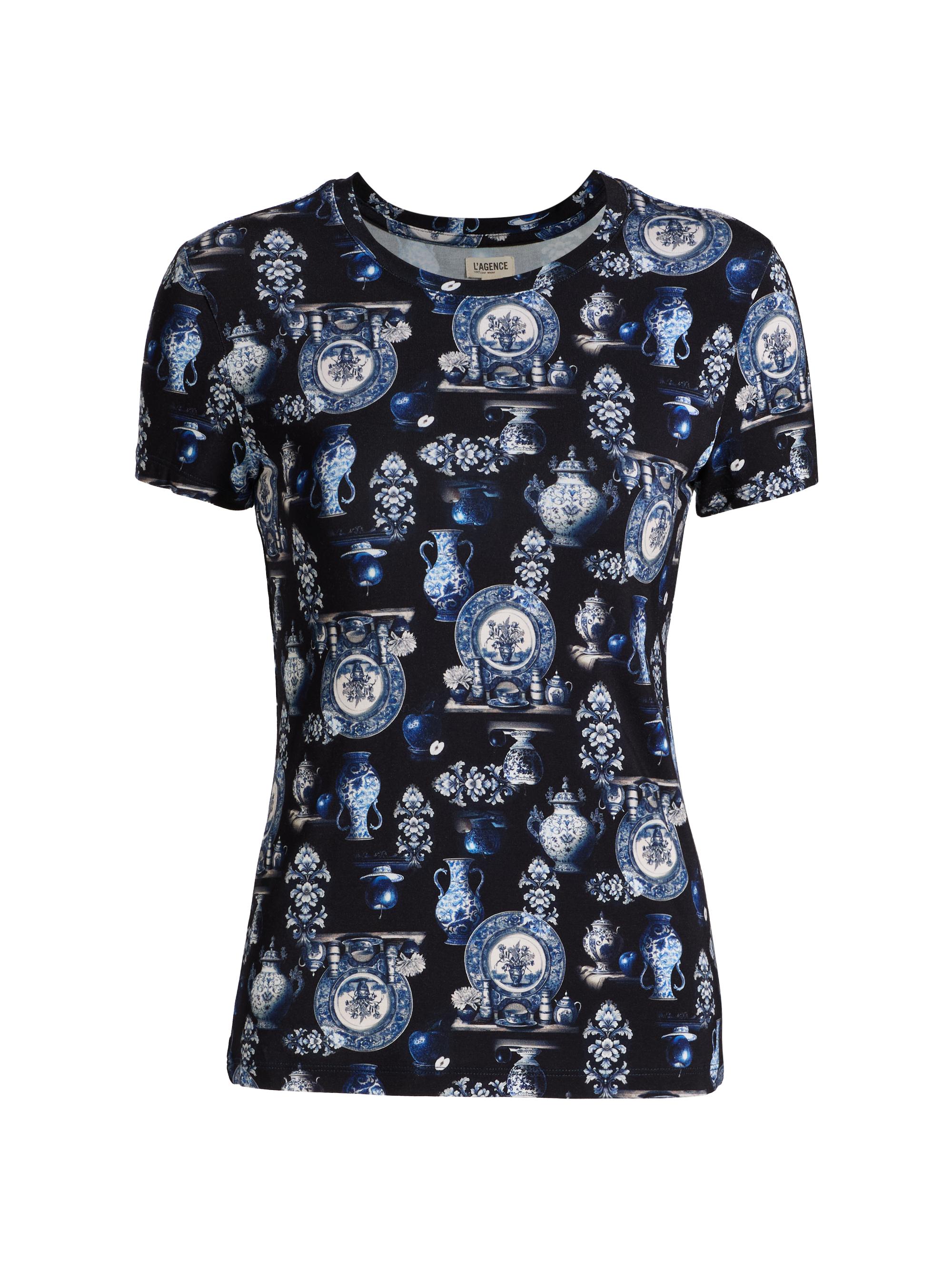 L'AGENCE Women's Ressi Porcelain Print T-Shirt - Black Blue Porcelain
