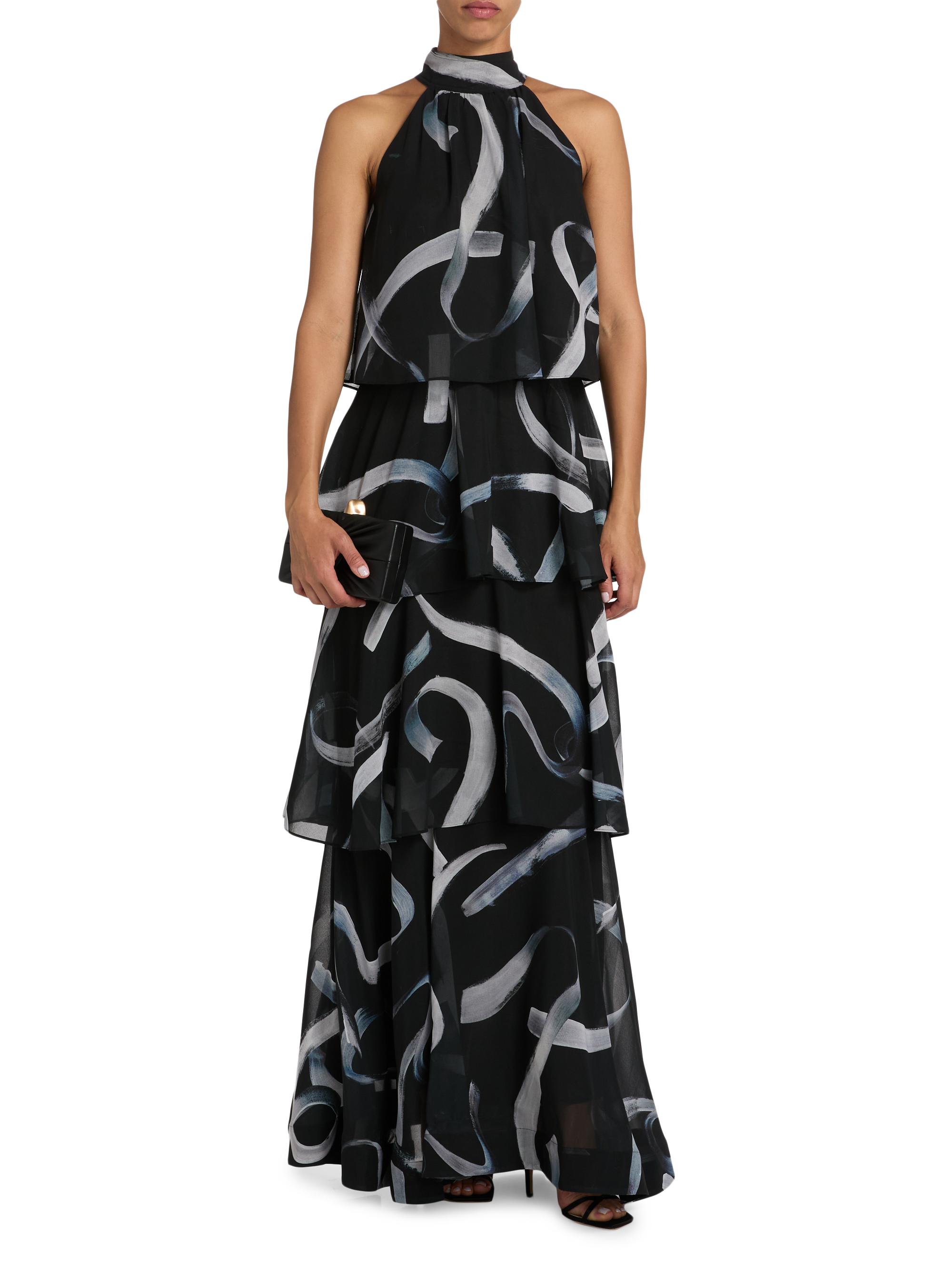 Milly Salem Abstract Ruffle Chiffon Maxi Dress