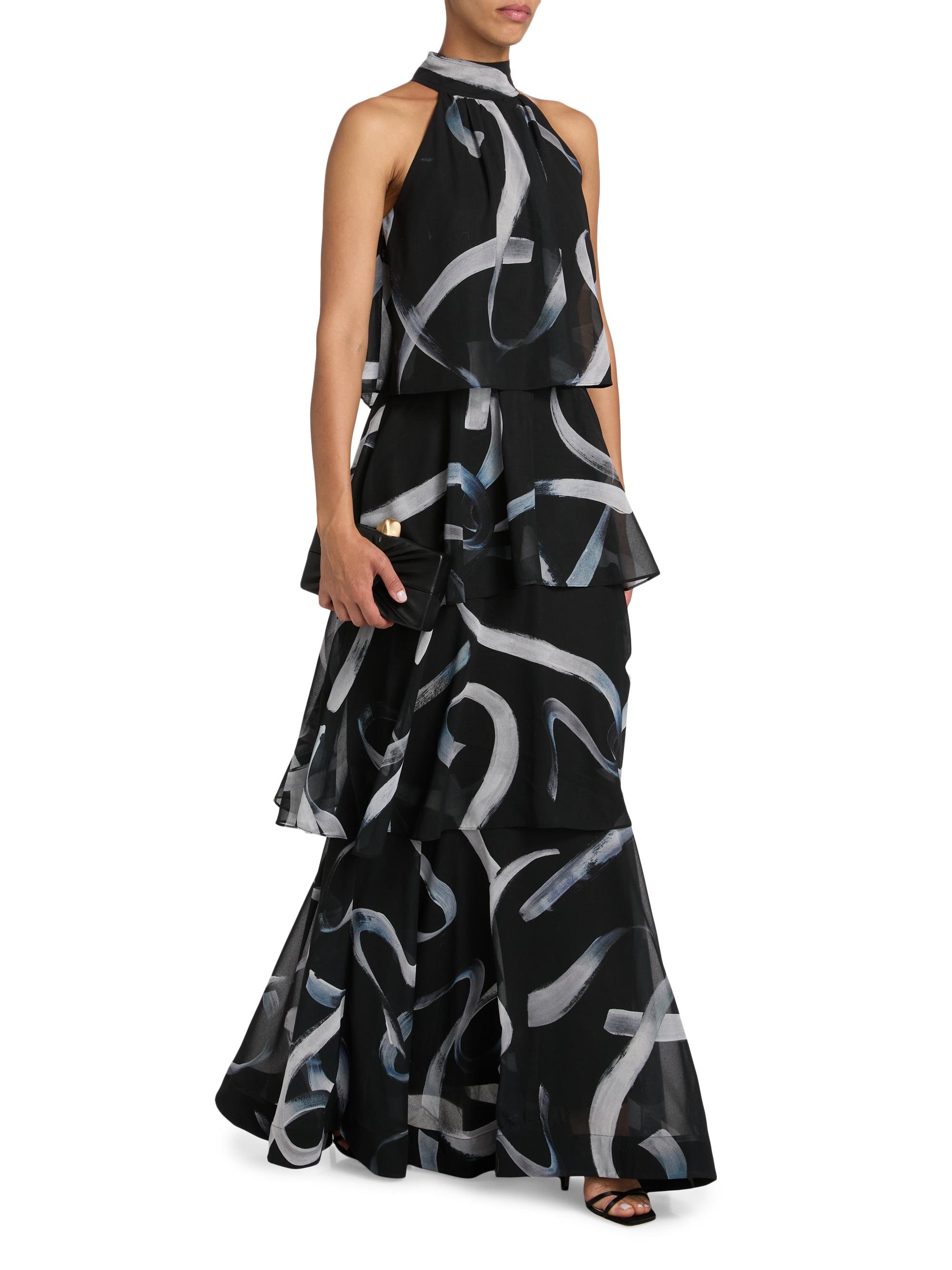 abstract chiffon ruffle maxi dress ASOS DESIGN ruffle chiffon maxi dress in chocolate abstract print