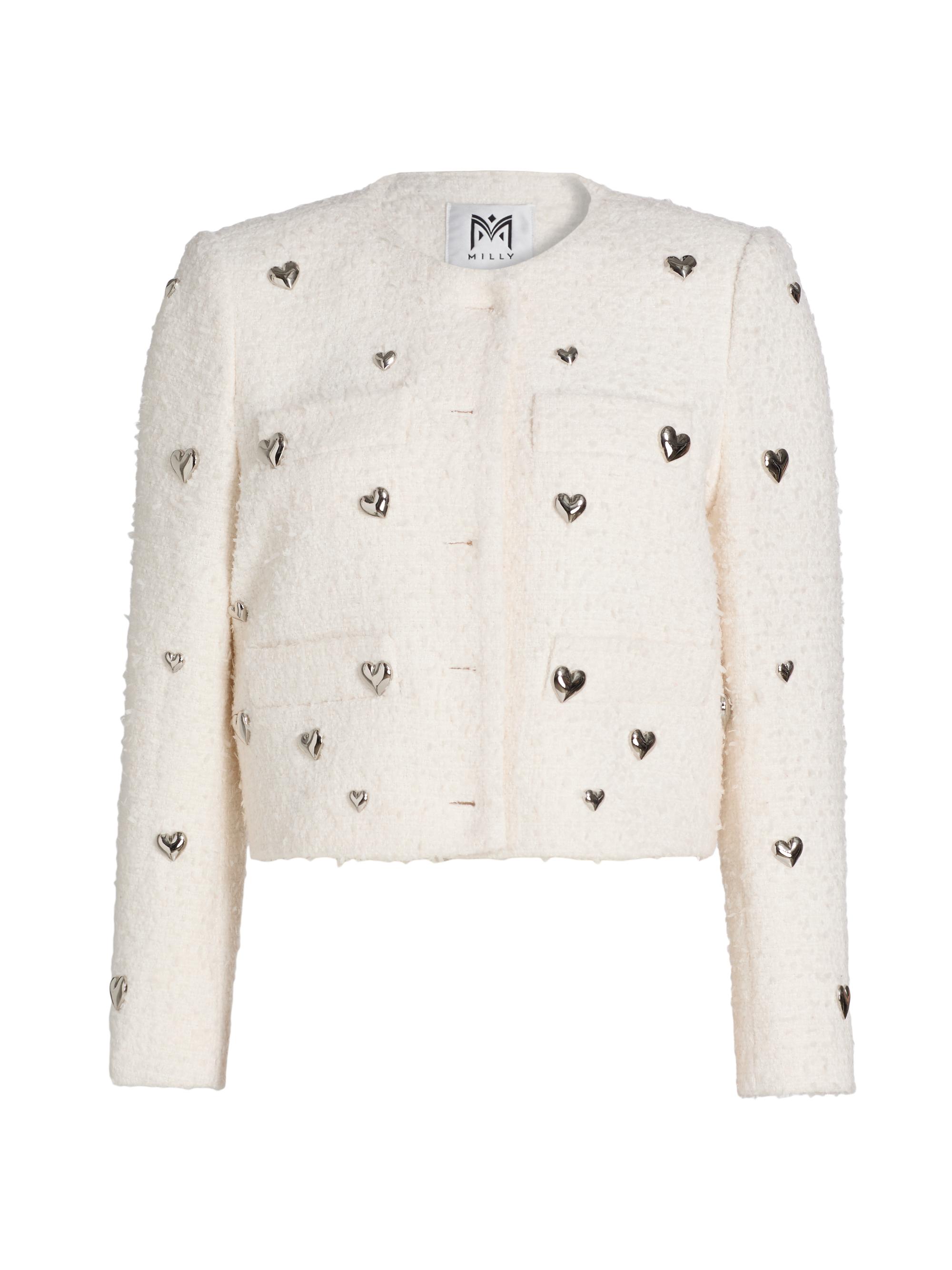 Milly Women's Pheobe Heart Bouclé Crewneck Jacket - White