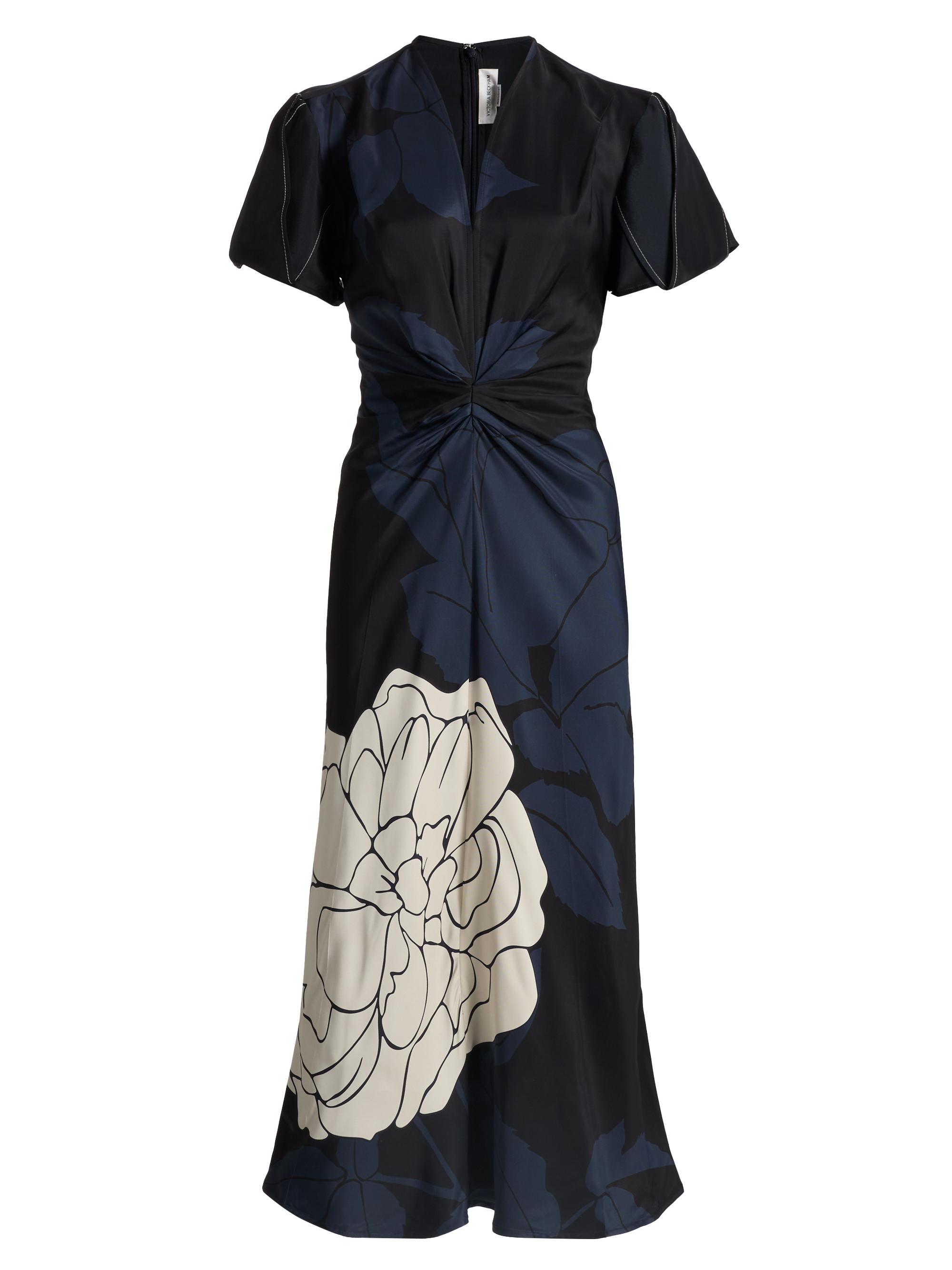 Victoria Beckham Women's Eve Floral Gathered Midi-Dress - Dark Navy Pale Rose