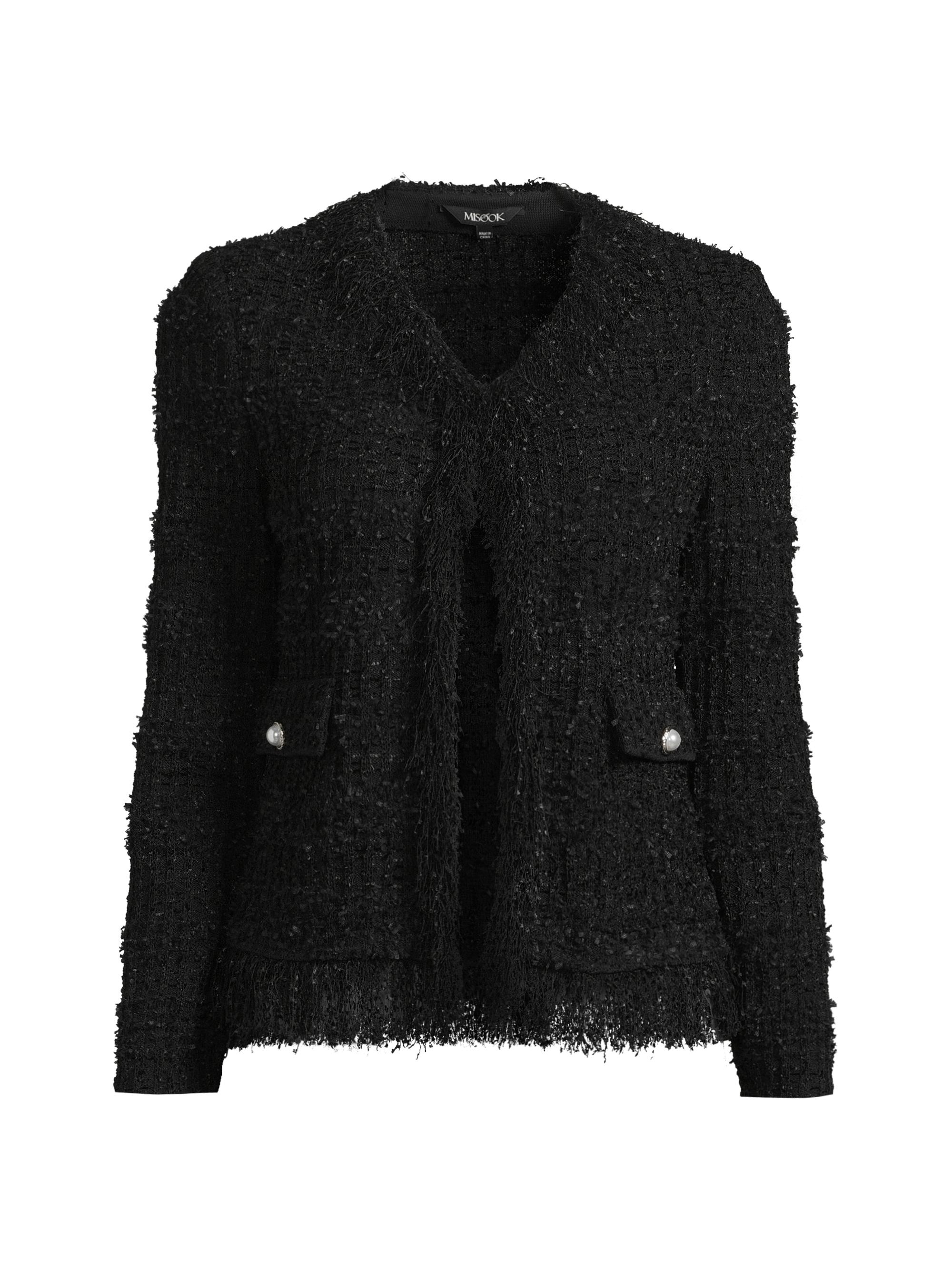Misook Women's Eyelash Fringe-Trim Knit Jacket - Black