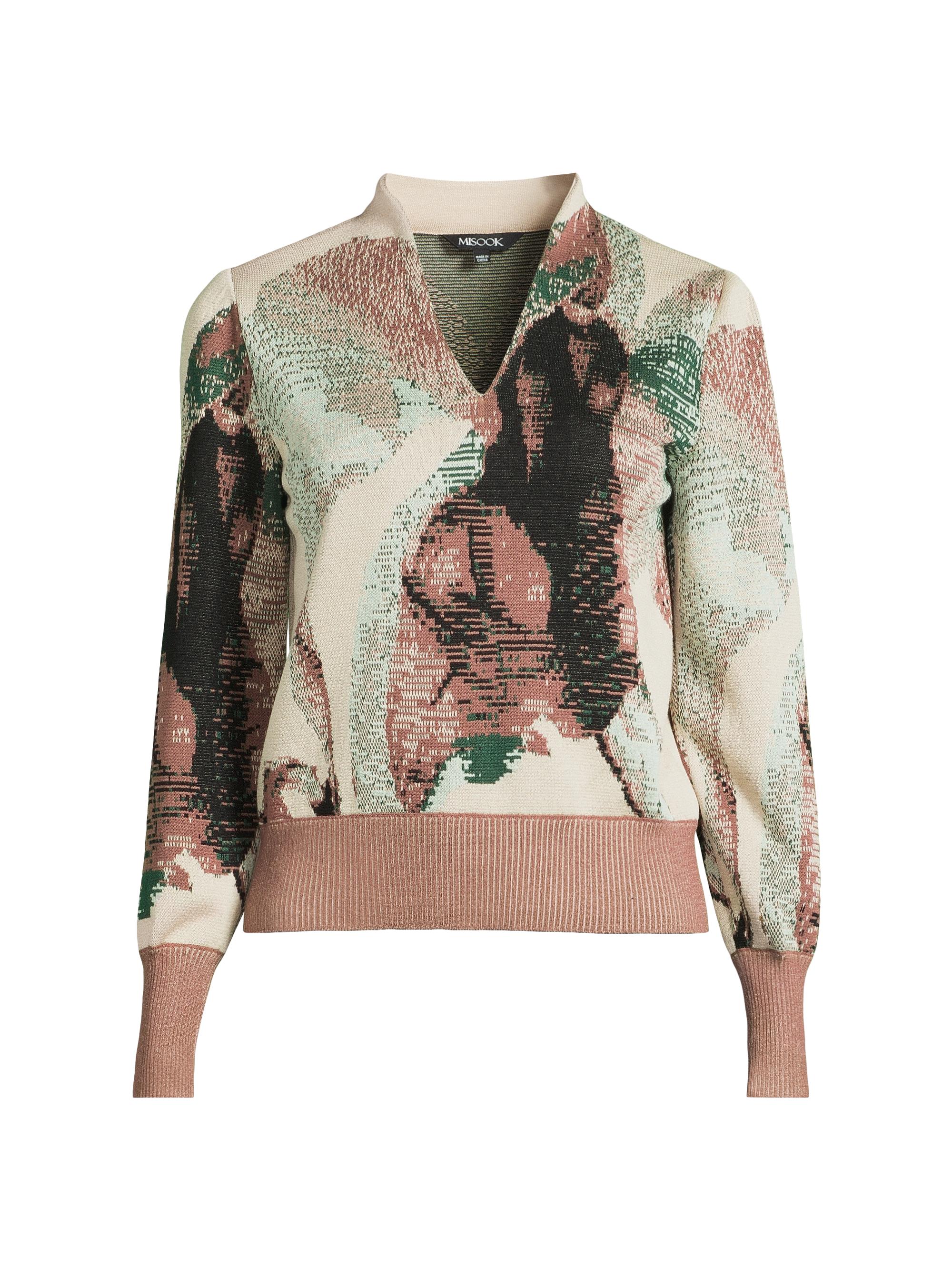 Misook Women's Abstract Jacquard Soft Knit Sweater - Dk Ivy Umber Biscotti