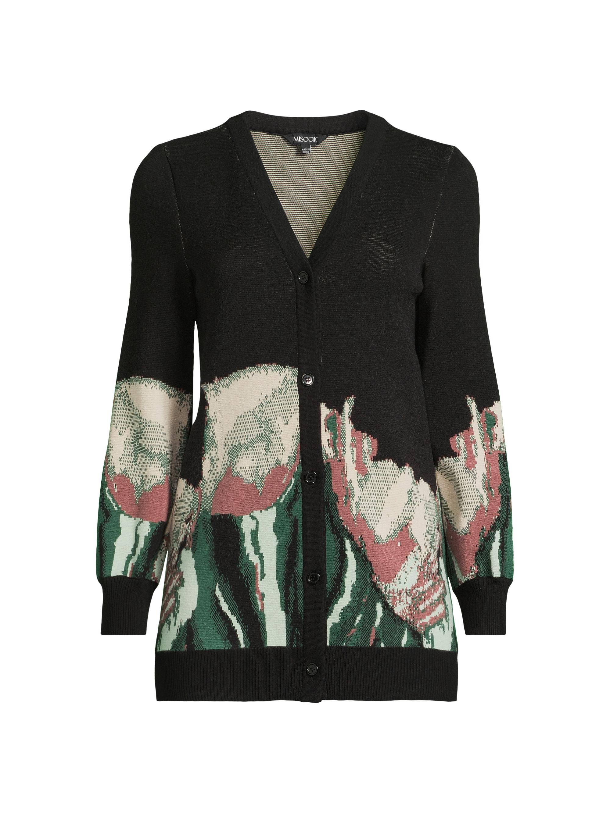 Misook Women's Floral Jacquard-Knit Cardigan - Dk Ivy Black Umber Agave