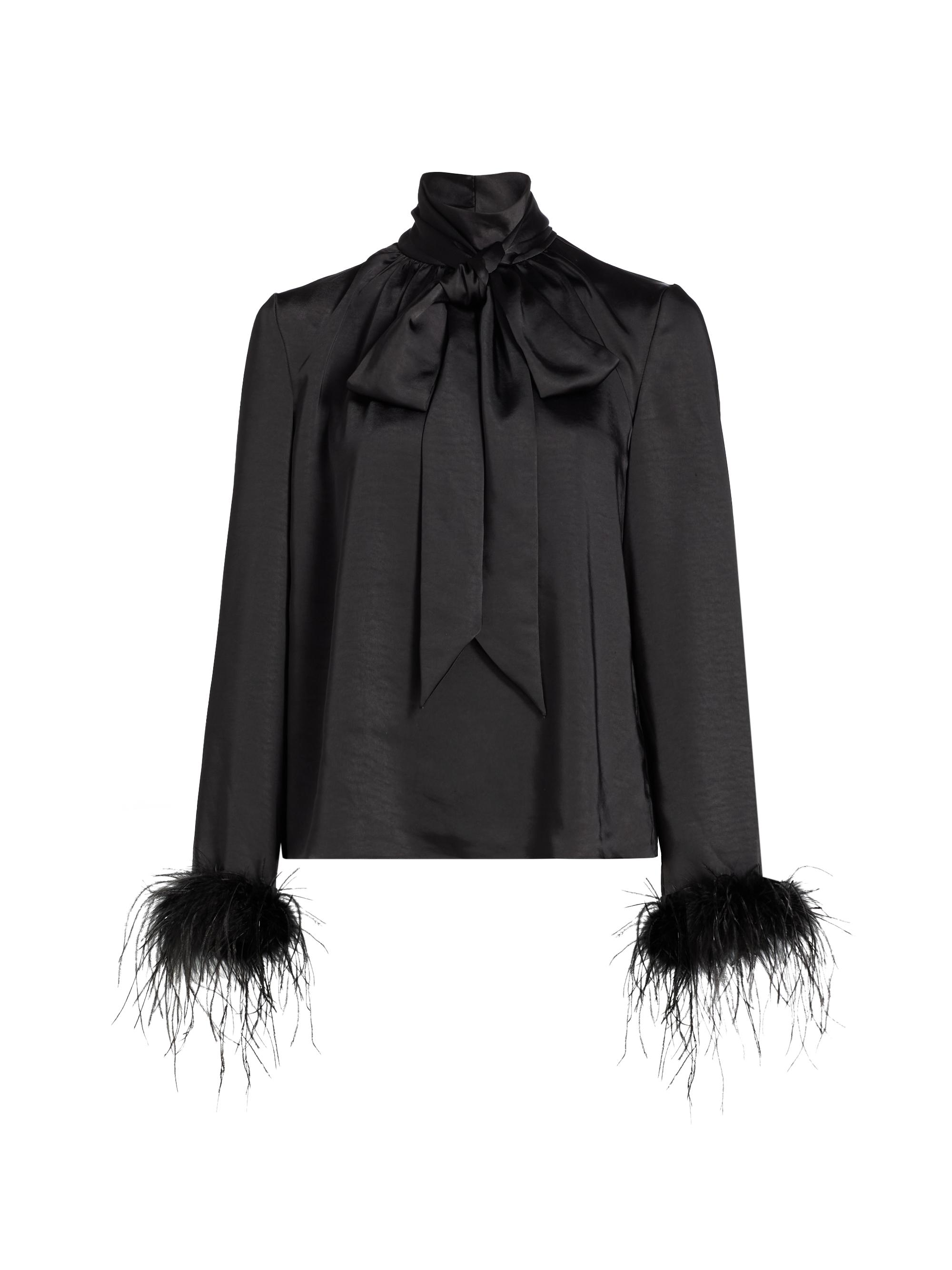 Toccin Women's Veronica Feather-Cuff Textured Satin Blouse - Jet