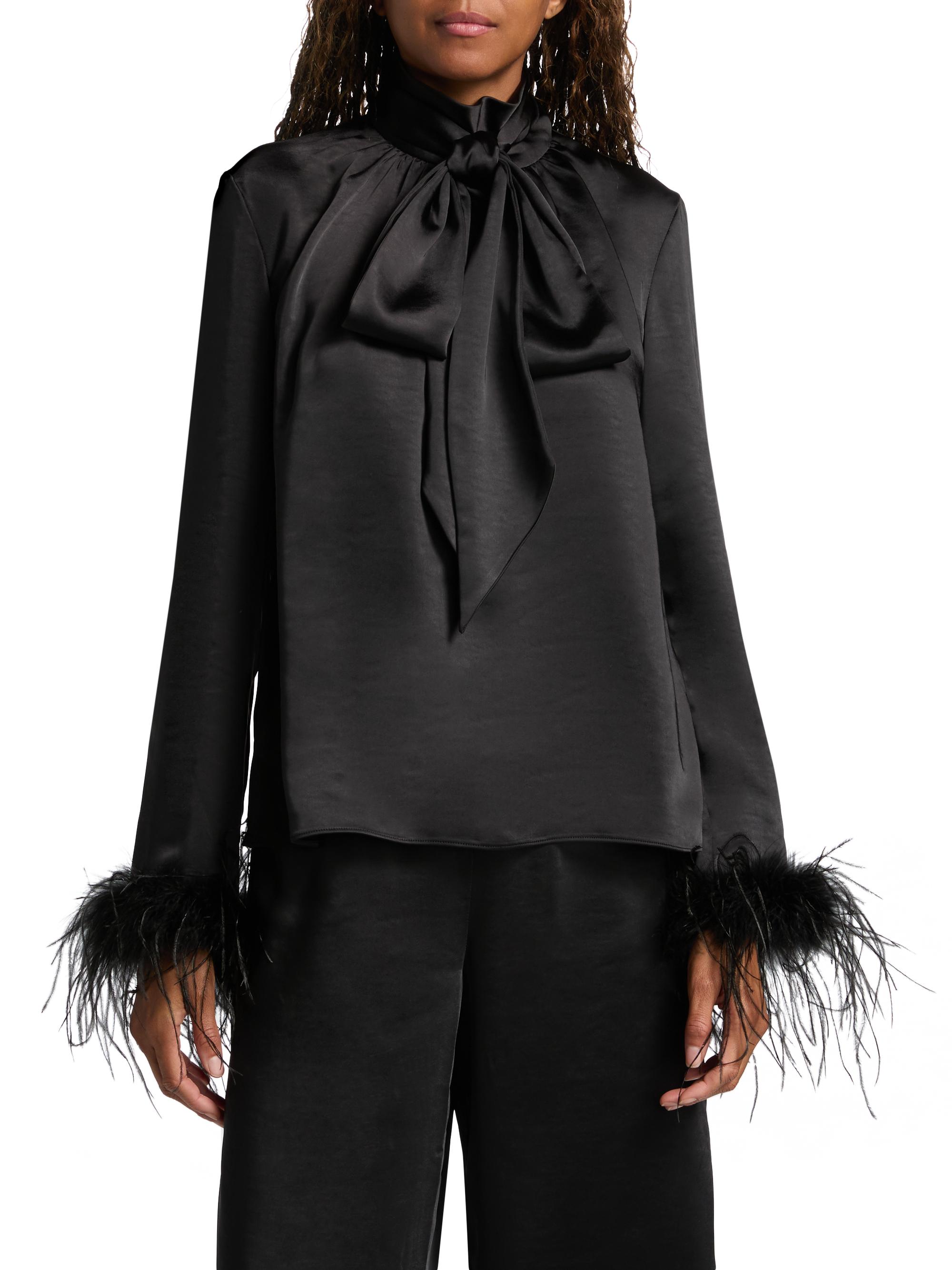 Veronica Feather-Cuff Textured Satin Blouse