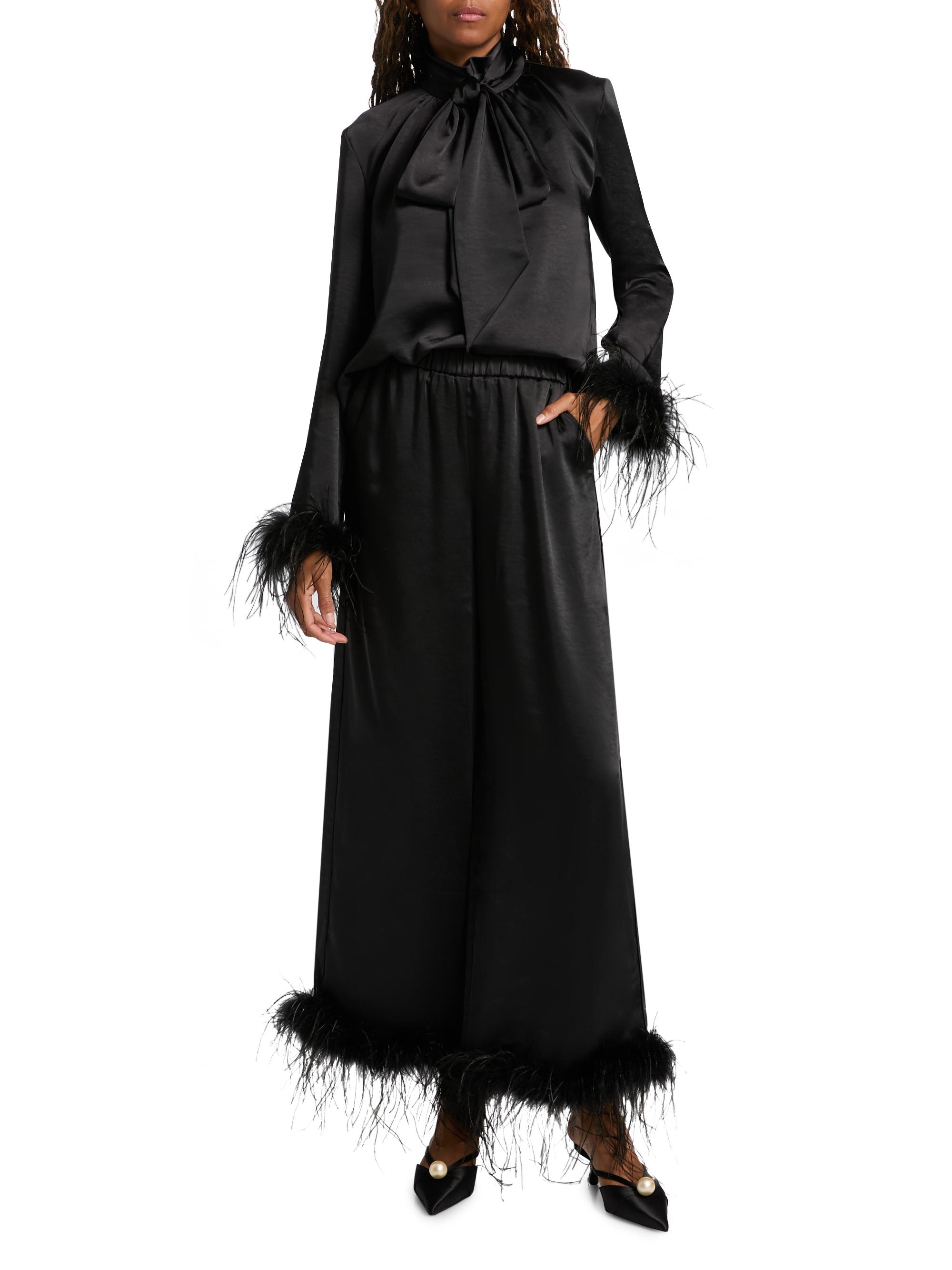 Veronica Feather-Cuff Textured Satin Blouse