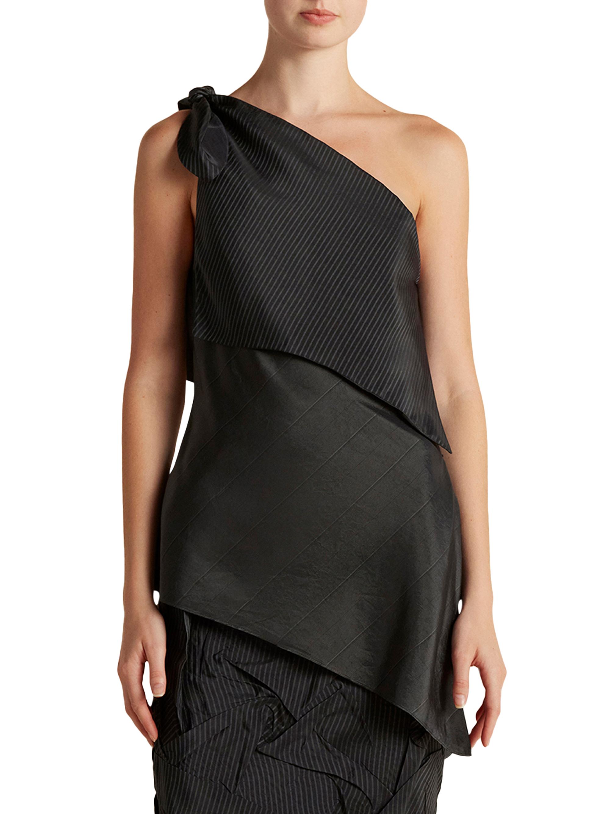 Marina Moscone Women's Pinstripe Triangle Draped Top - Black Pinstripe