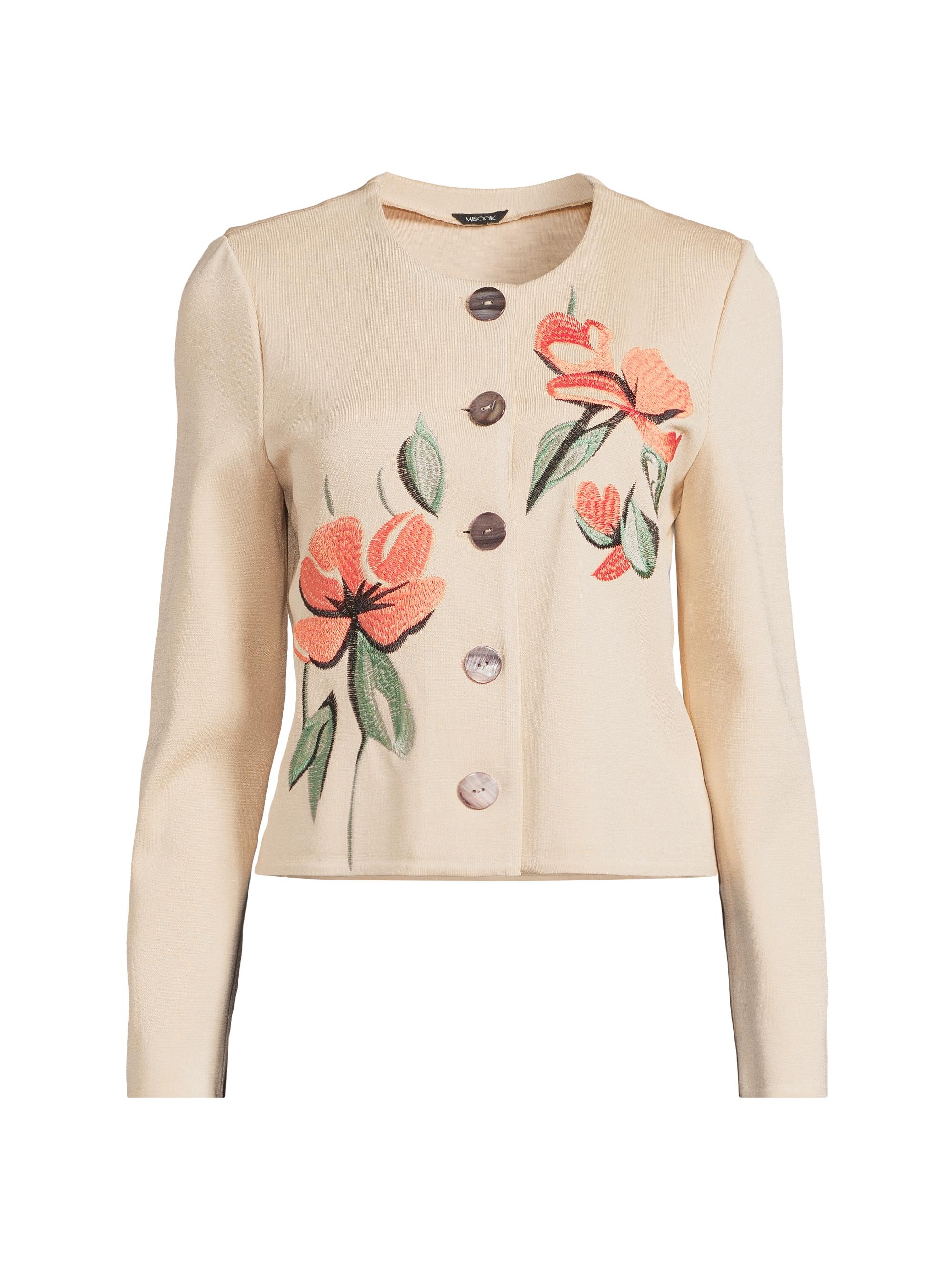 Misook Women's Heritage Floral Embroidered Flat Knit Cardigan - Biscotti Amber Glow Mystic