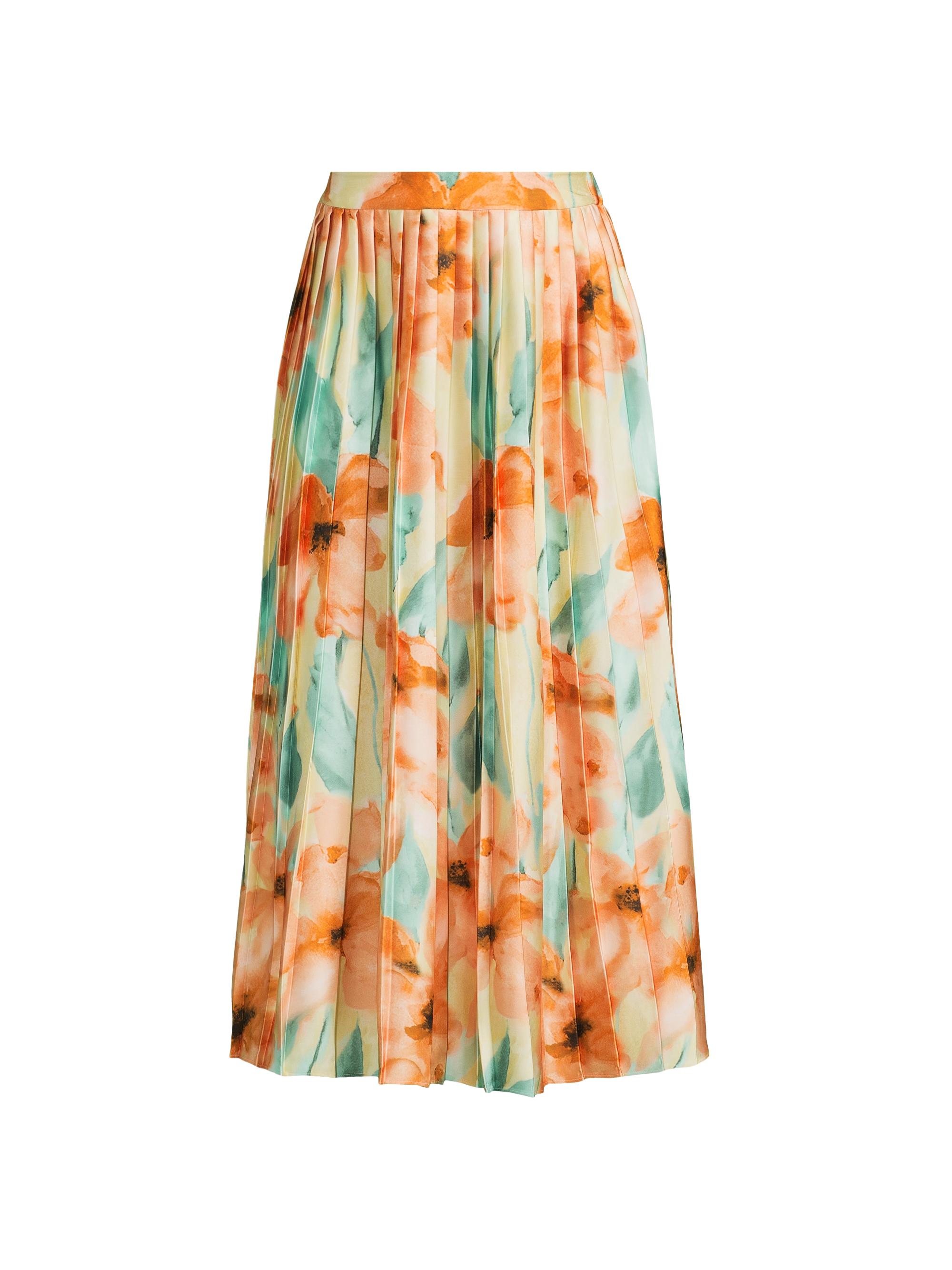 Misook Women's Floral Pleated Crepe de Chine Midi-Skirt - Sunglow Amber Glow Fresh Mint