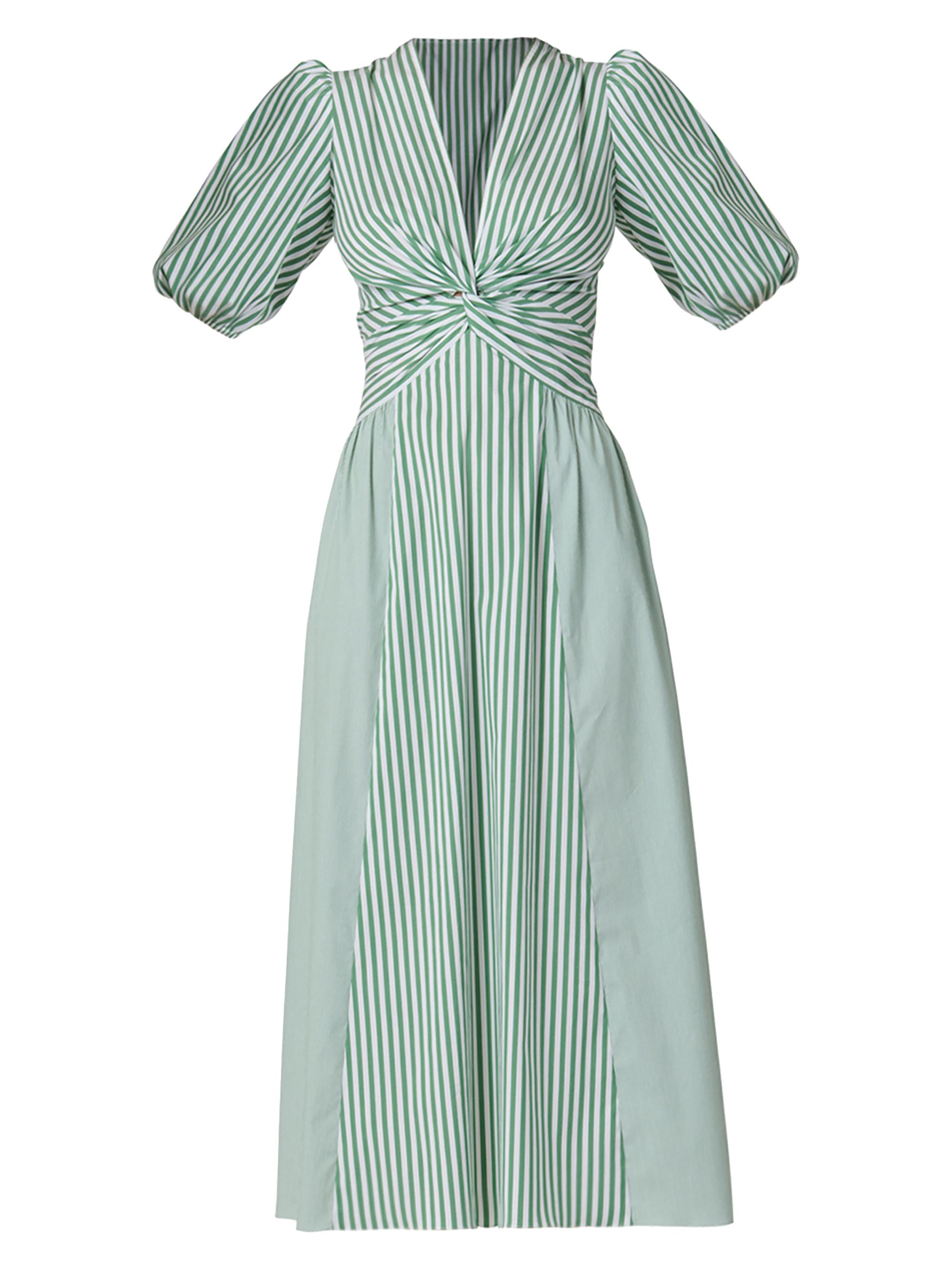navy blue dress for baby girl Elegant A-Line Midi Dress with Long Sleeves and Pockets - Green Striped  Design - [ZhiHiMeRi] main image 0