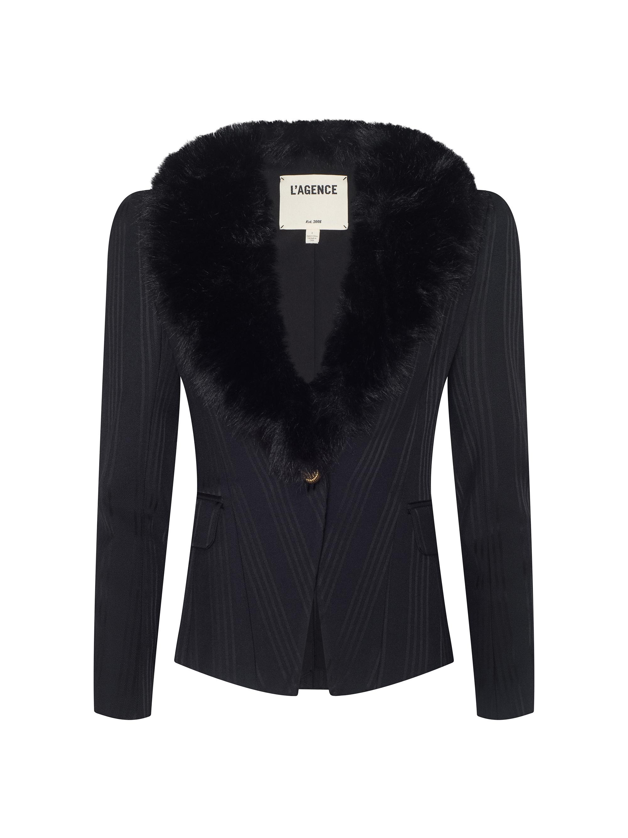 L'AGENCE Women's Kaisley Faux Fur-Trim Single-Breasted Blazer - Black Shadow Stripe | Thumbnail 6