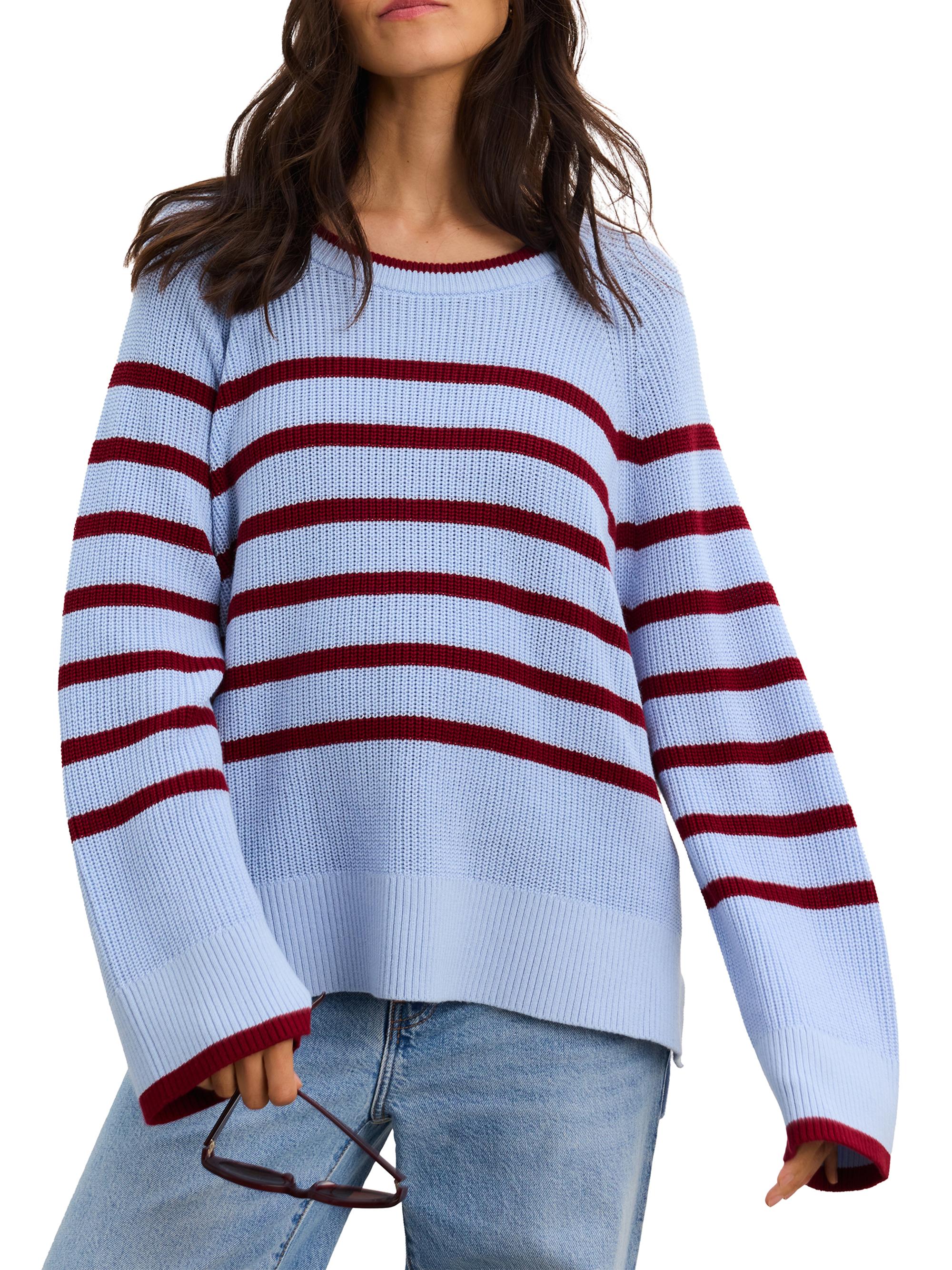 Hatch Women's The Carly Striped Shaker Maternity Sweater - Sky Blue Deep Red Stripe