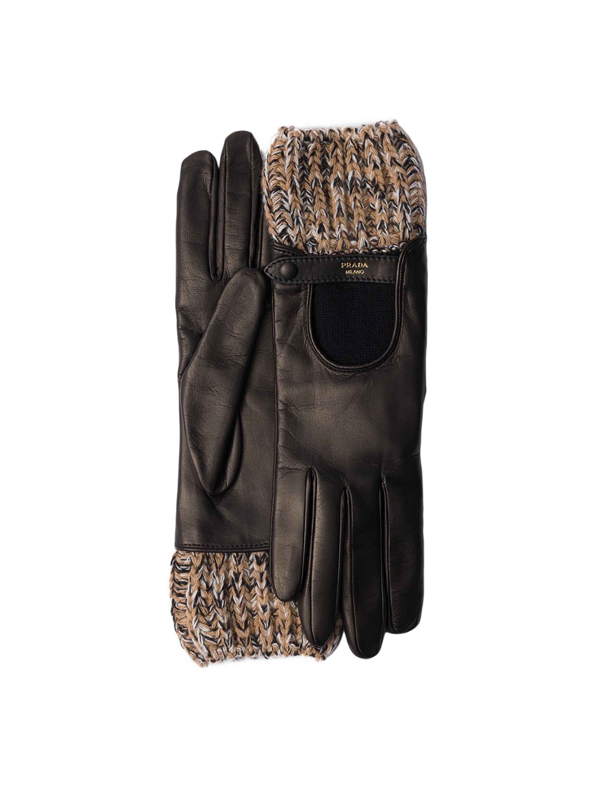 Prada Women's Nappa Leather and Mélange Knit Gloves - Brown