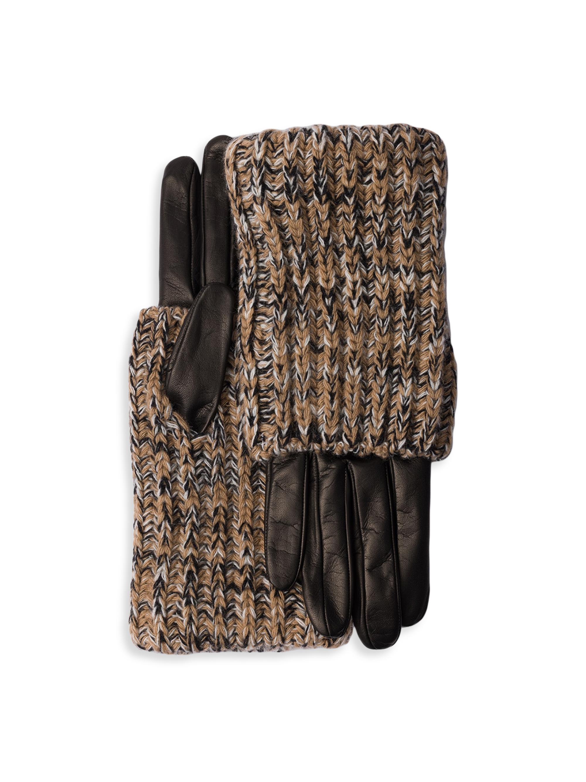 Prada Women's Nappa Leather and Mélange Knit Gloves - Brown