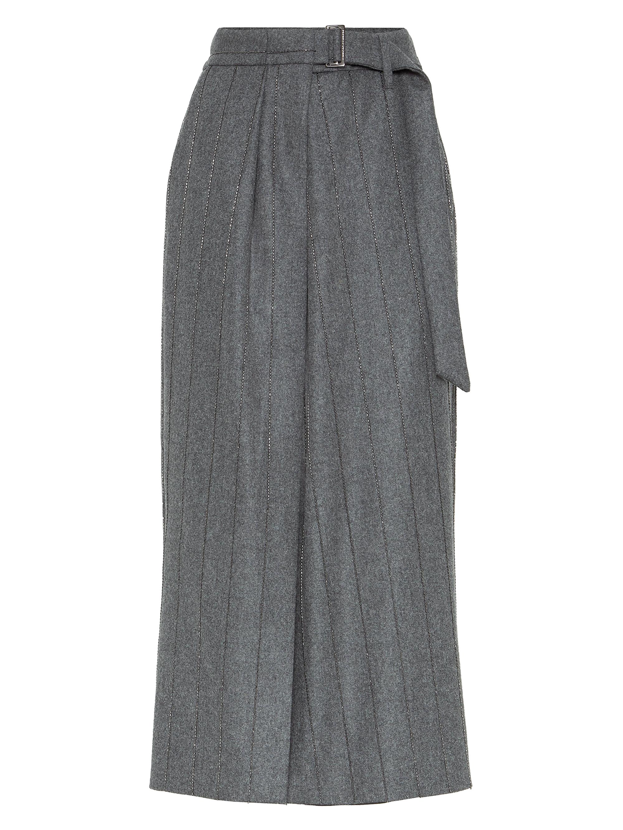 Brunello Cucinelli Women's Virgin Wool Flannel Sartorial Wrap Skirt with Shiny Chalk Stripe Embroidery - Dark Grey
