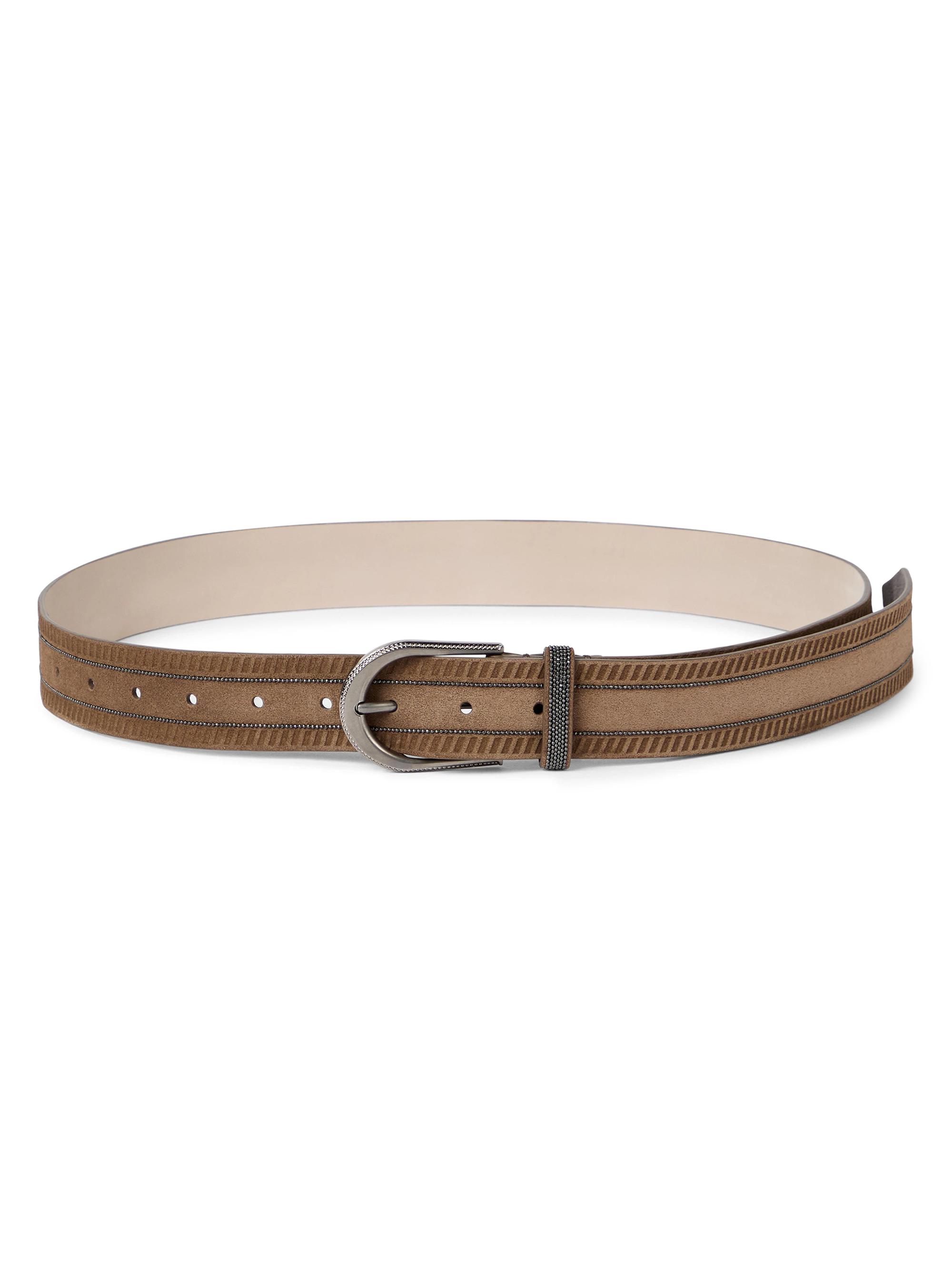 Brunello Cucinelli Women's Suede Textured Belt with Shiny Stripes - Light Brown