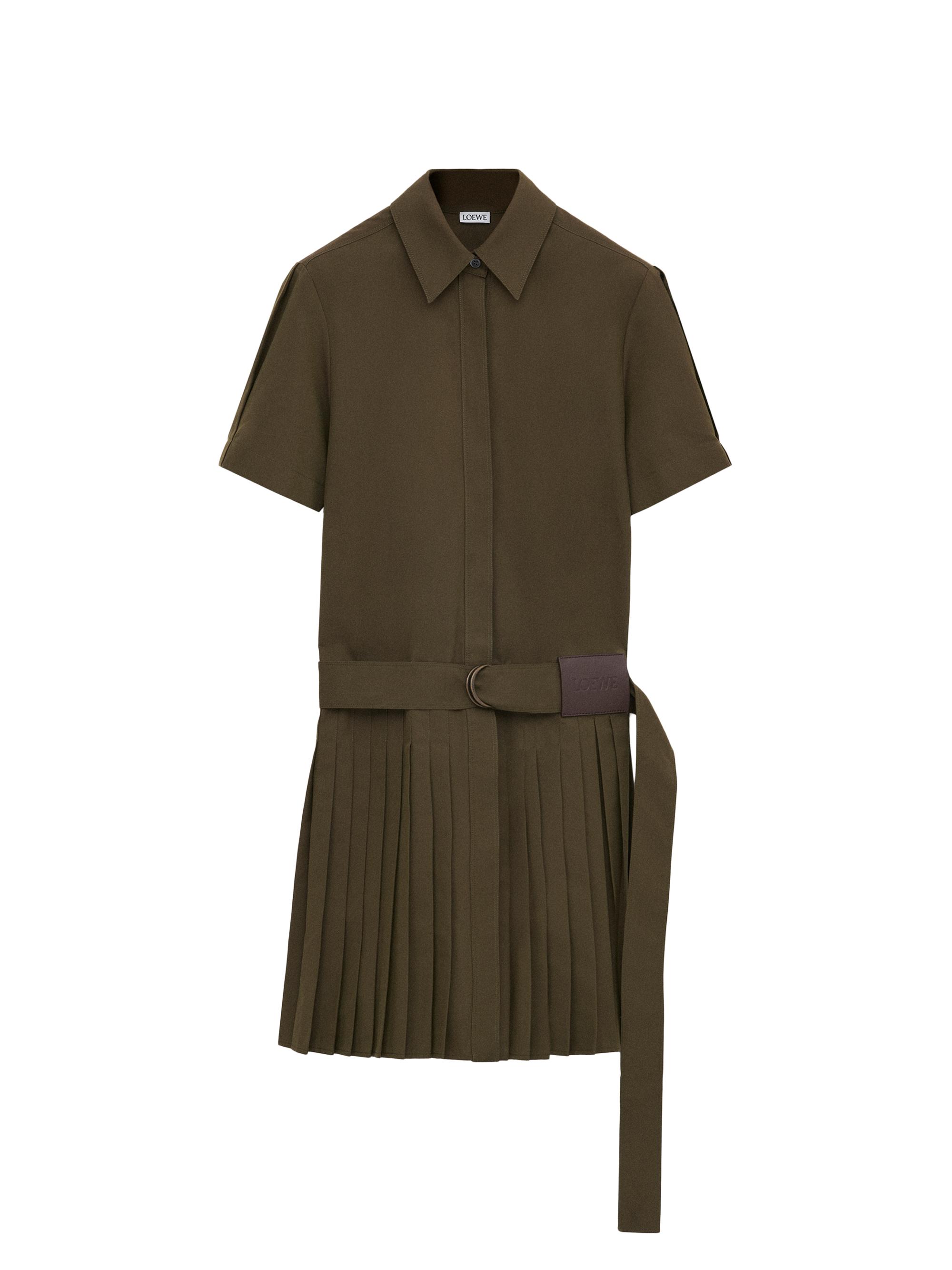 LOEWE Women's Pleated Cotton Twill Mini-Shirtdress - Khaki Green