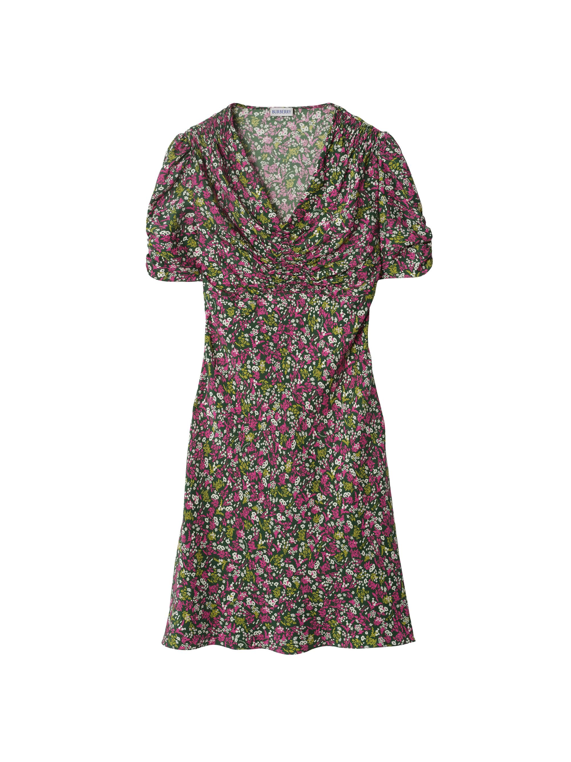 Burberry Women's Jade Ruched Floral Silk Minidress - Petunia Pink Pattern