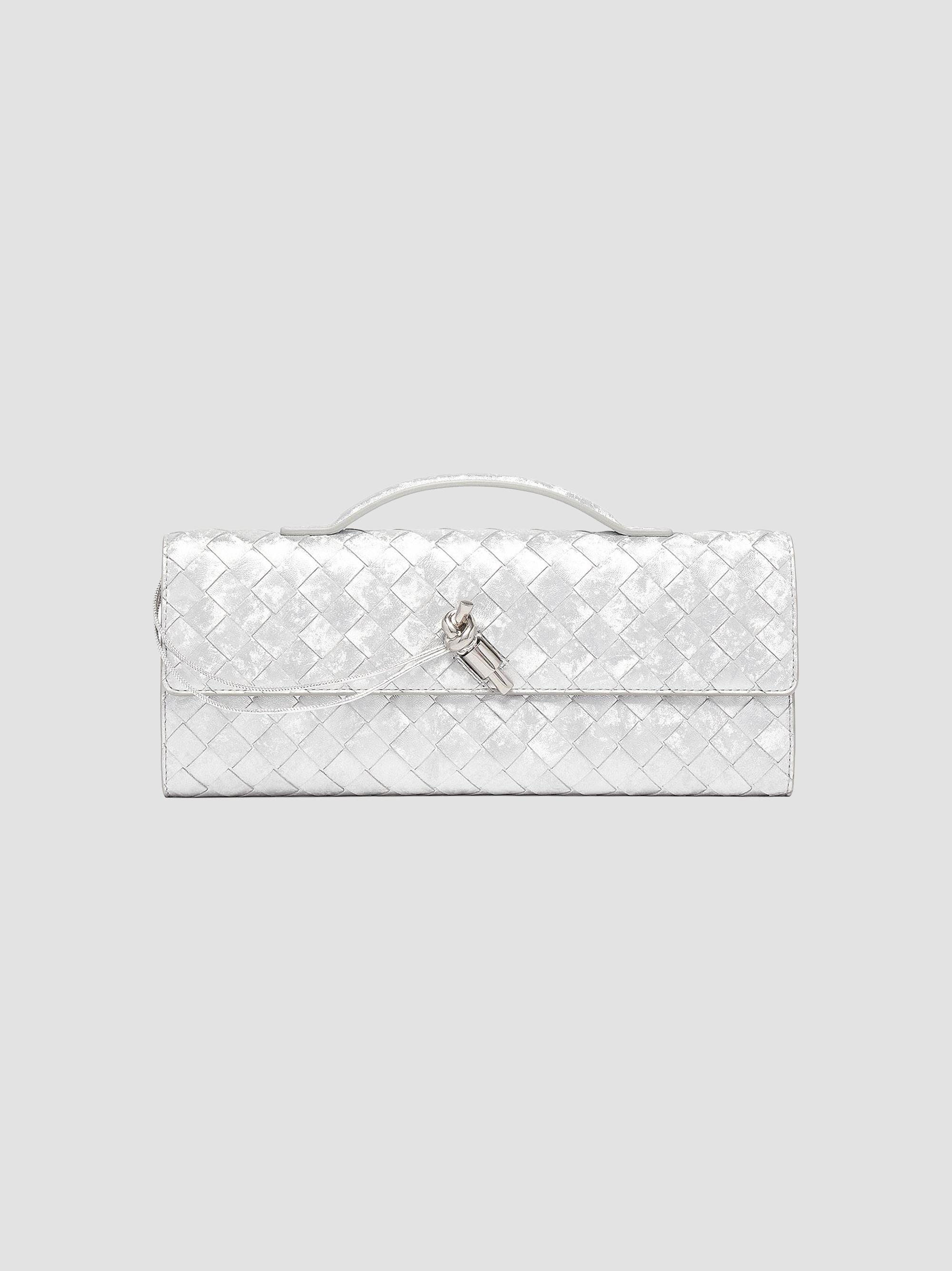 Bottega Veneta Women's Andiamo Intrecciato Metallic Satin Leather Top-Handle Clutch - Silver | Thumbnail 8
