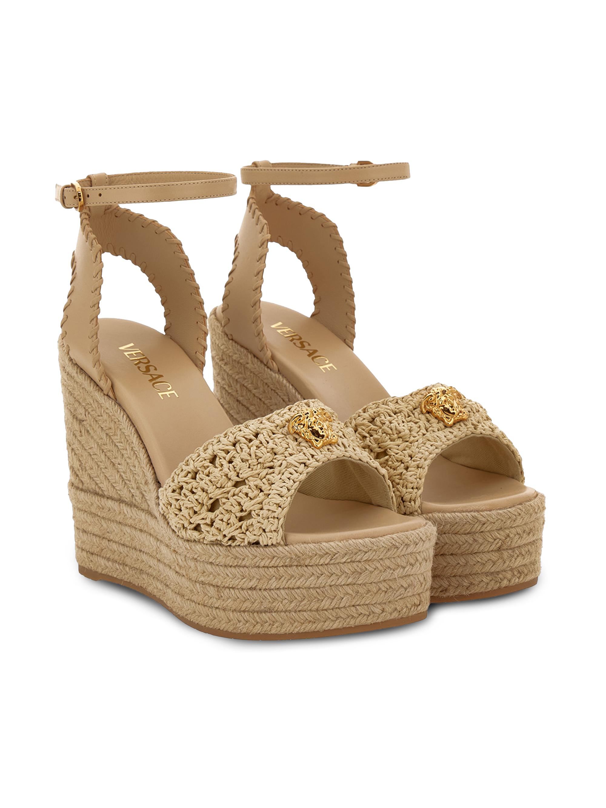 Versace Women's La Medusa 120MM Straw & Leather Platform Wedge Espadrille Sandals - Natural Ambrer  Gold
