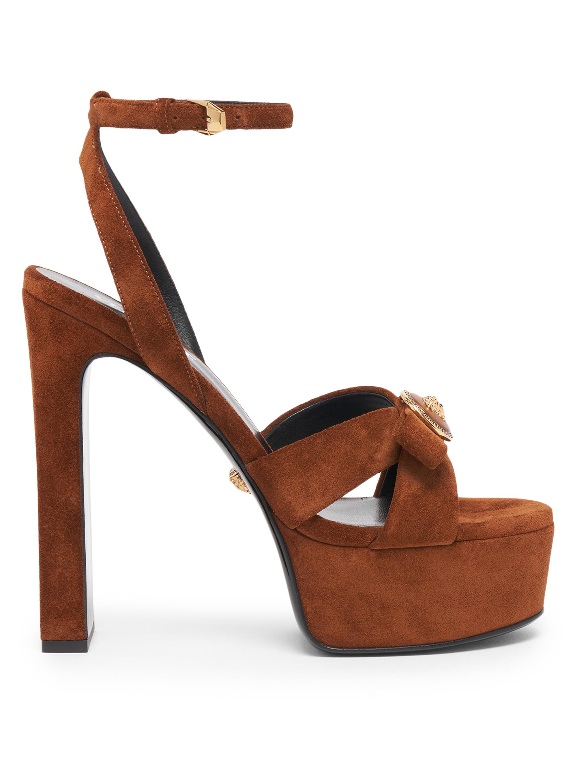 Versace Women's Gianna 140MM Suede Platform Sandals - Spice Brown  Gold