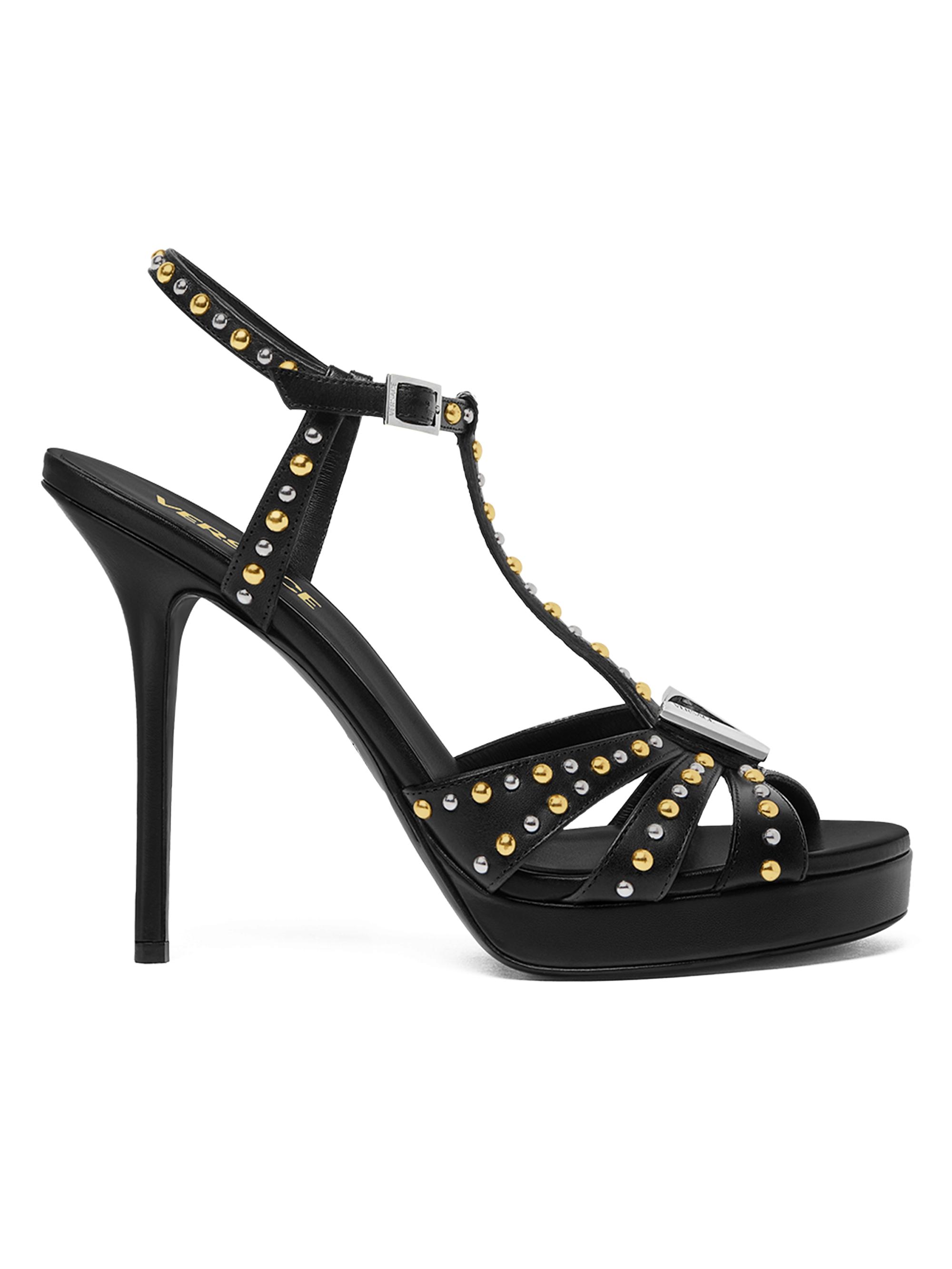 Versace Women's 120MM Studded Leather Sandals - Black  Gold Palladium
