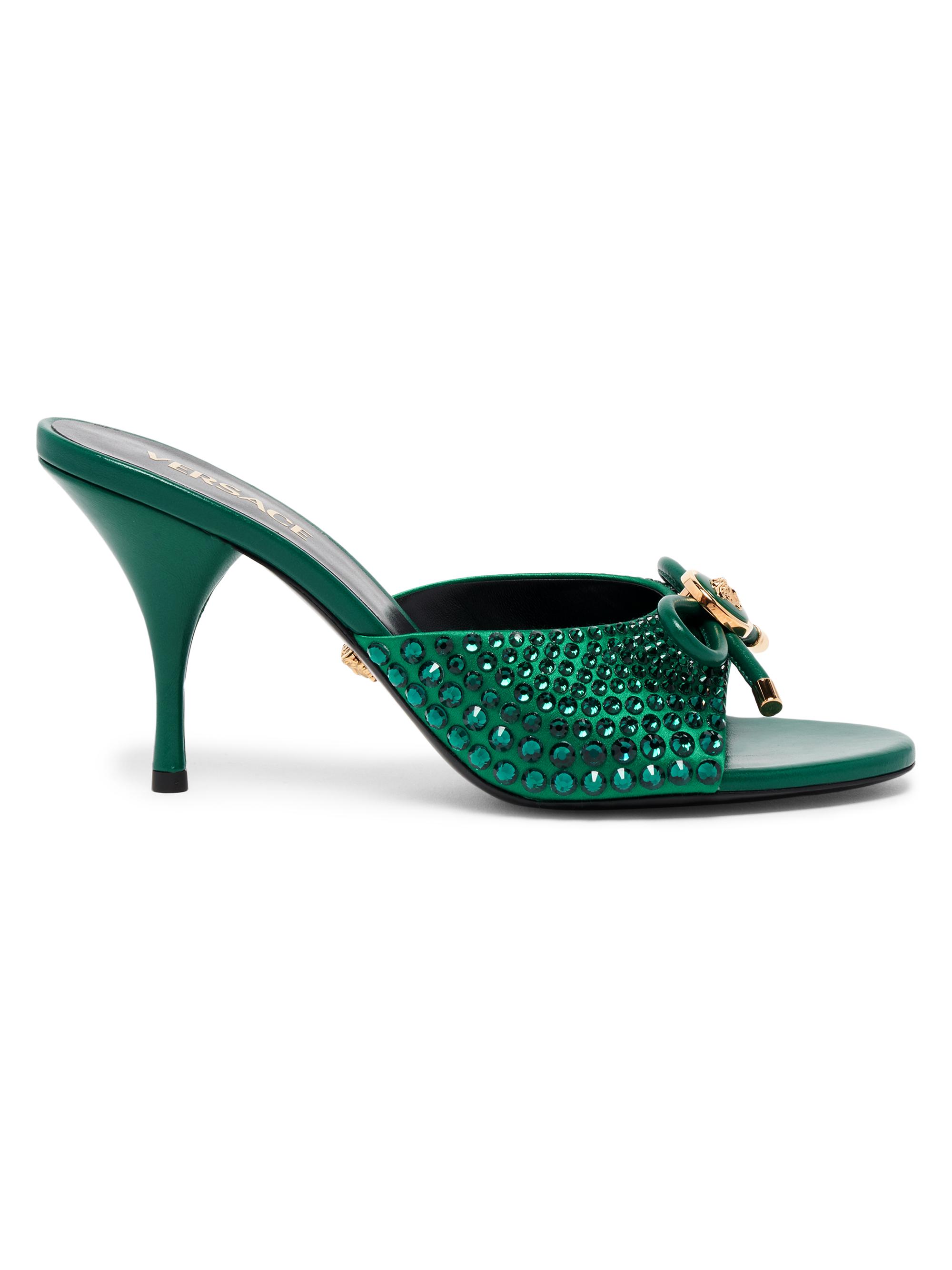 Versace Women's Opera Bow 8MM Embellished Leather Mules - Emerald  Gold
