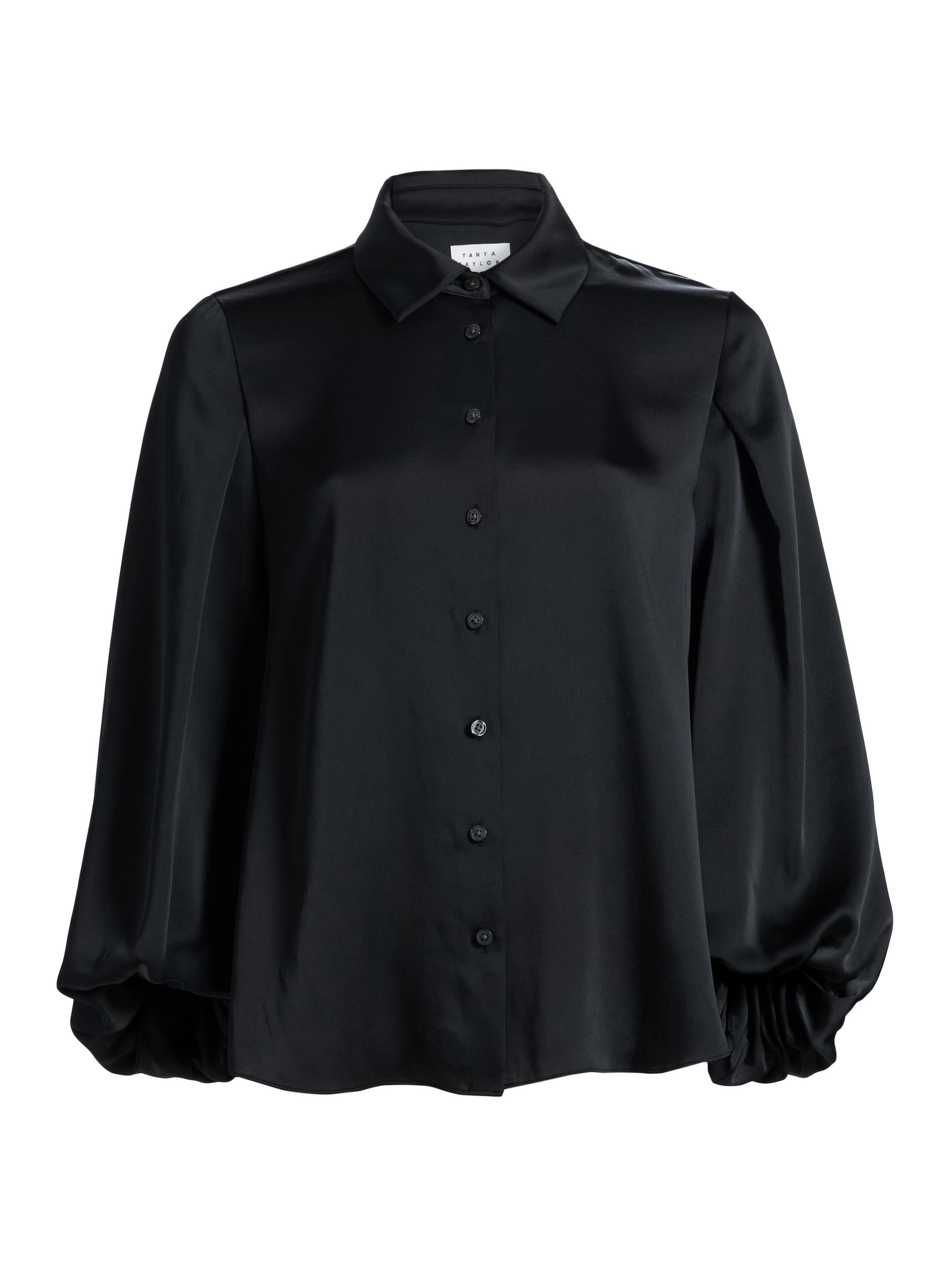 Tanya Taylor Women's Marina Charmeuse Balloon-Sleeve Blouse - Black | Thumbnail 8