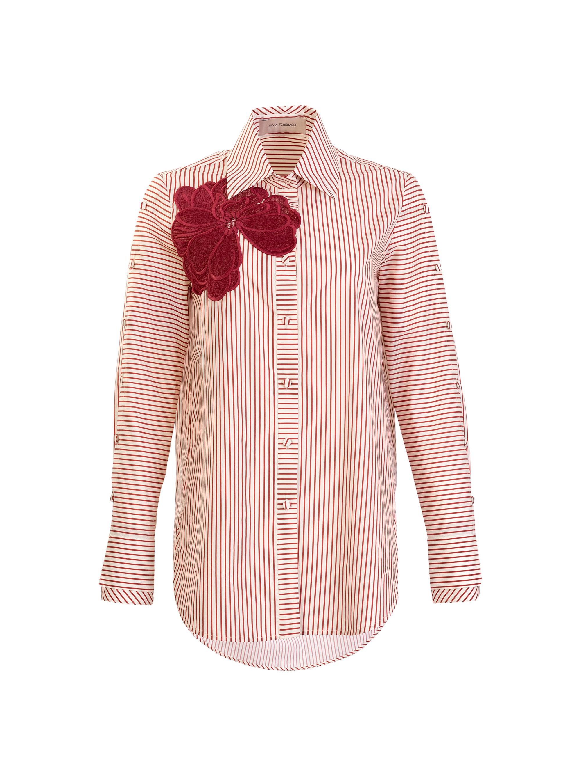Silvia Tcherassi Women's Pinstripe Floral Appliqué Cotton Blouse - Cranberry Stripes