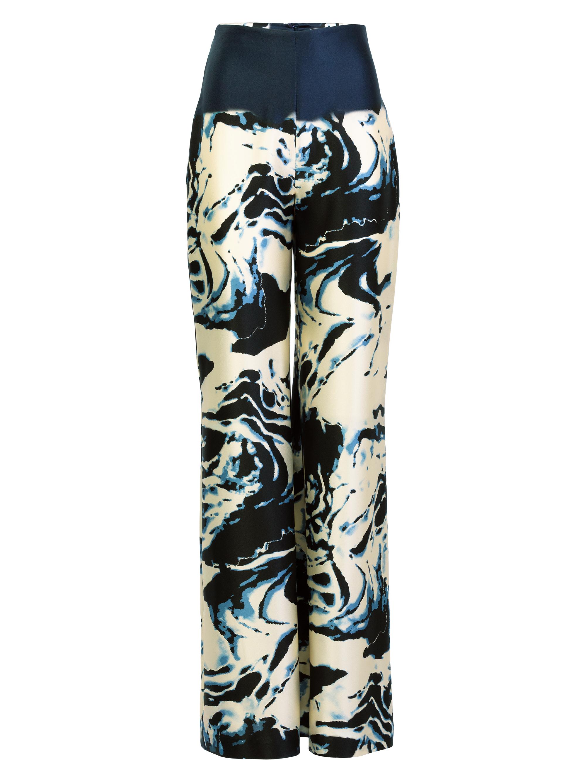 Silvia Tcherassi Women's Como Marbleized Silk Wide-Leg Pants - Deep Sea Abstract