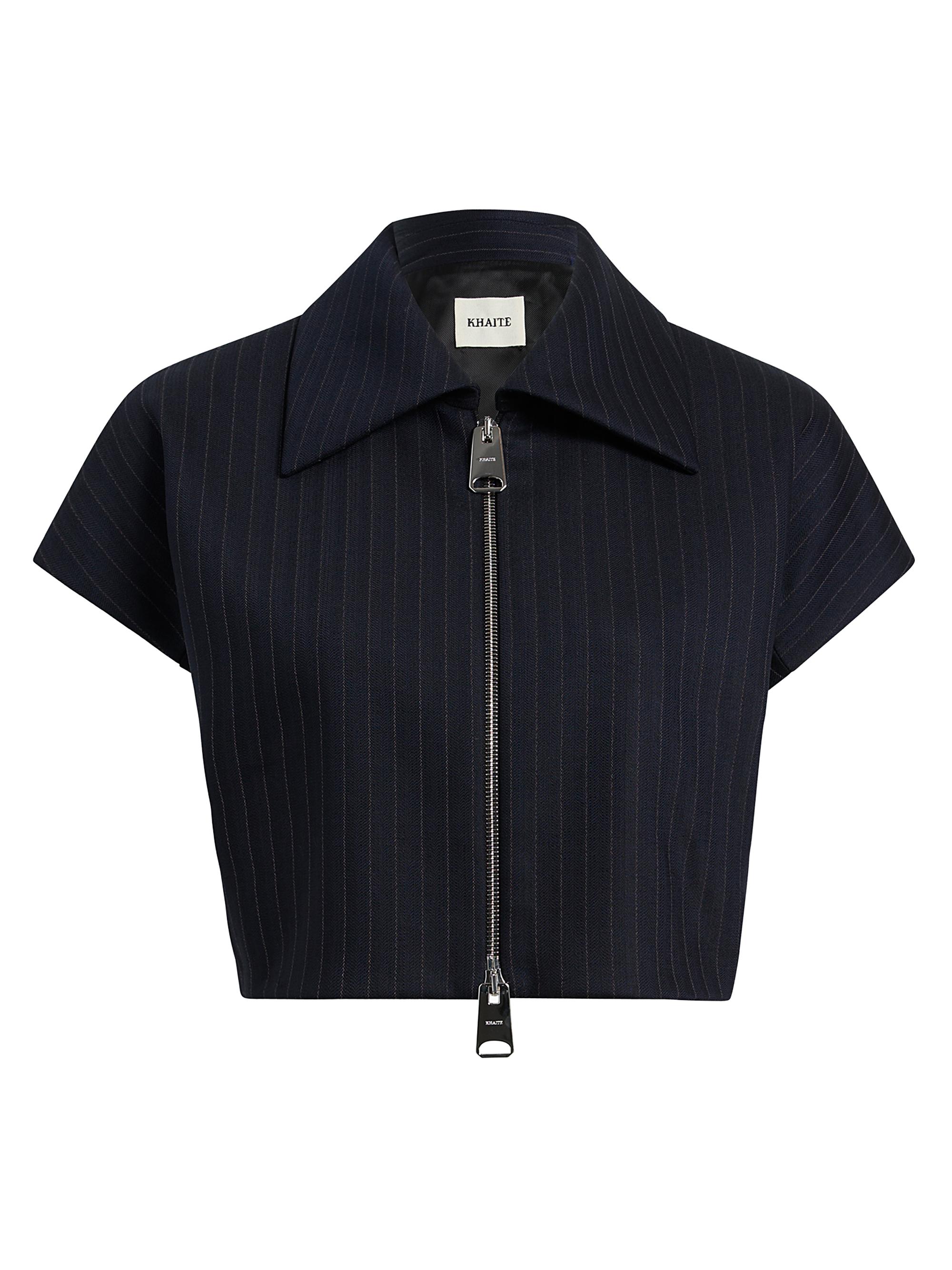 Khaite Women's Robin Striped Zip-Front Crop Top - Navy White