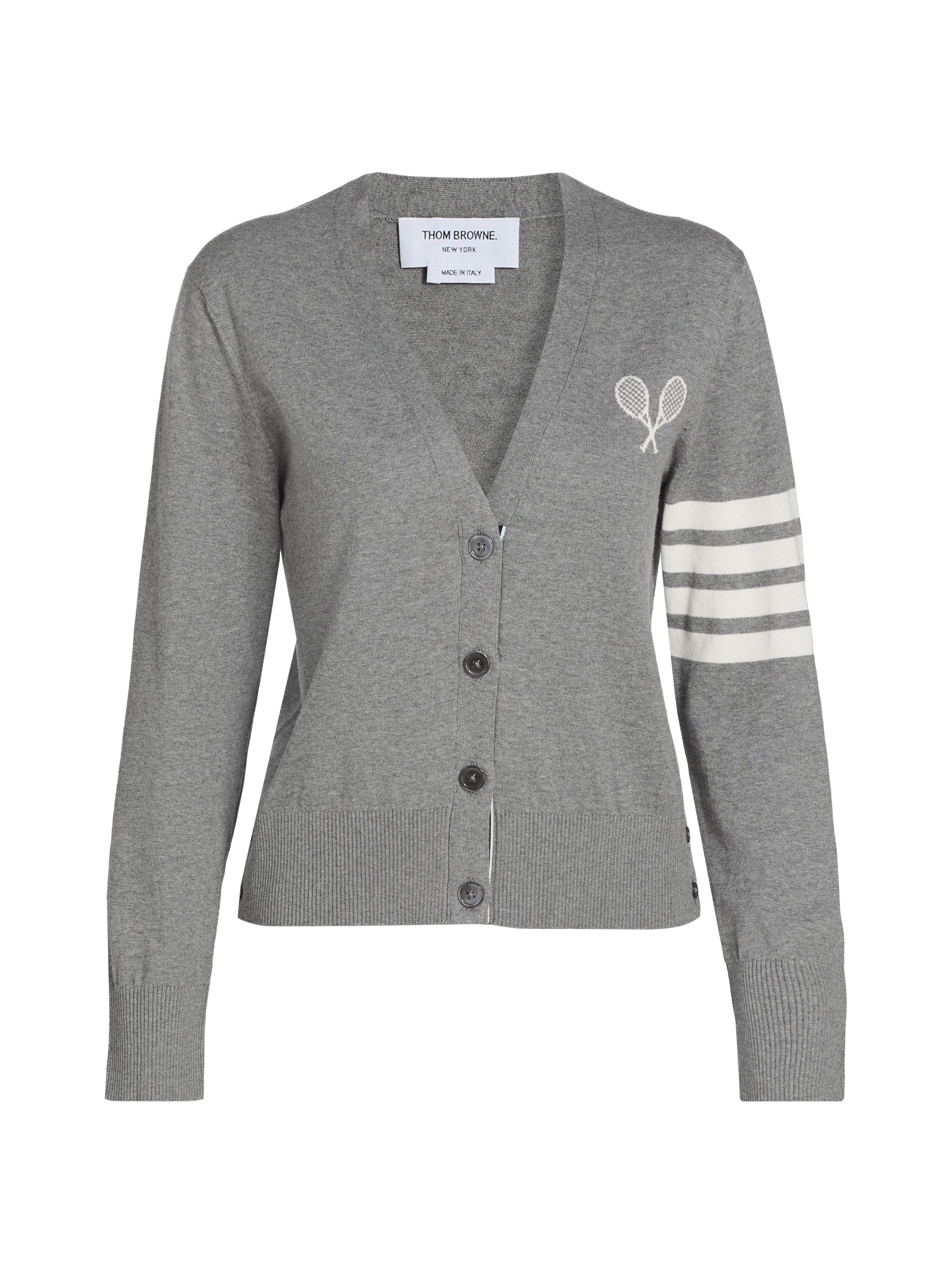 Thom Browne Women's Tennis Racquets 4-Bar Cardigan - Light Grey