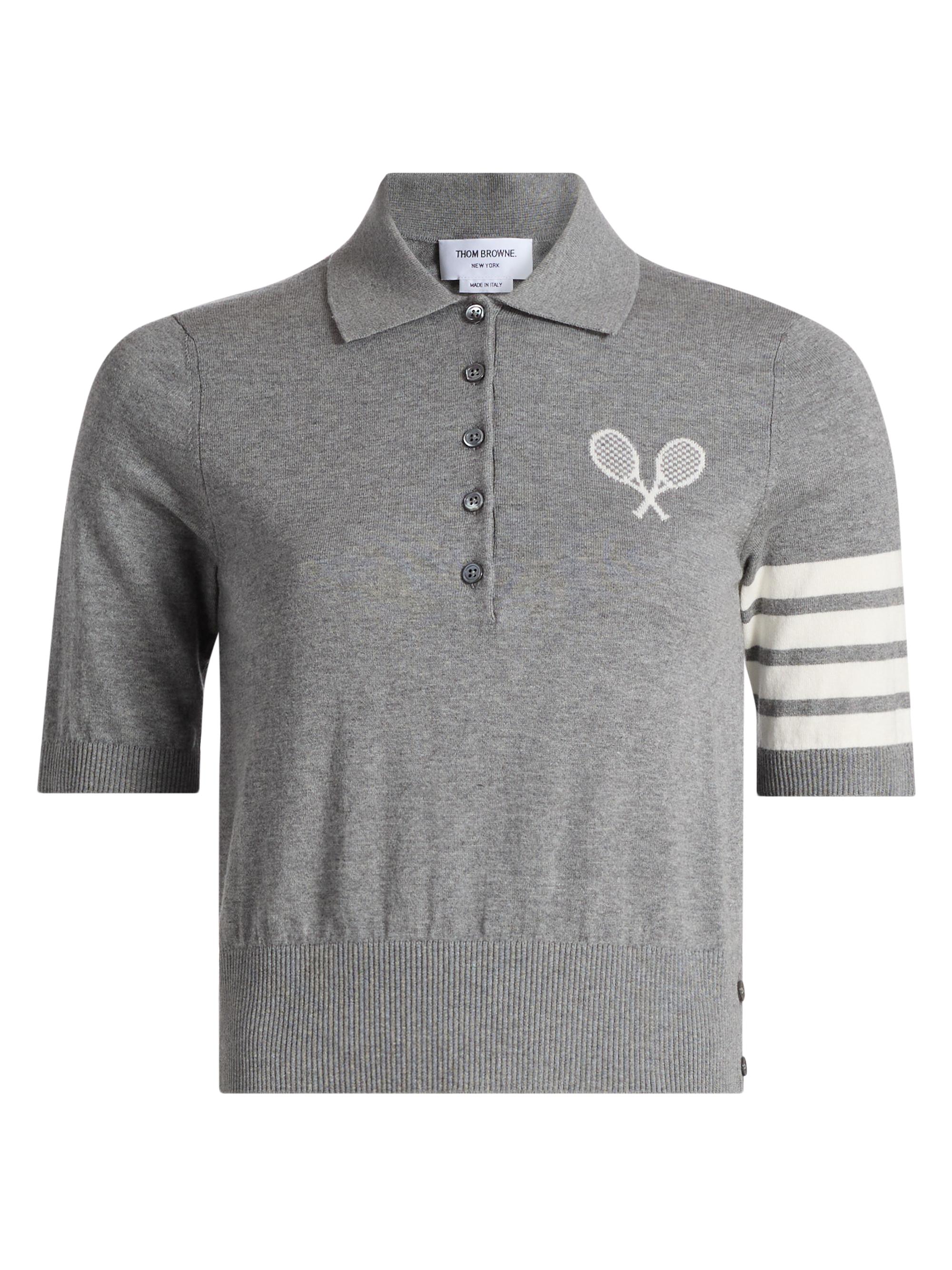 Thom Browne Women's Tennis-Racquet Cotton Polo Shirt - Light Grey