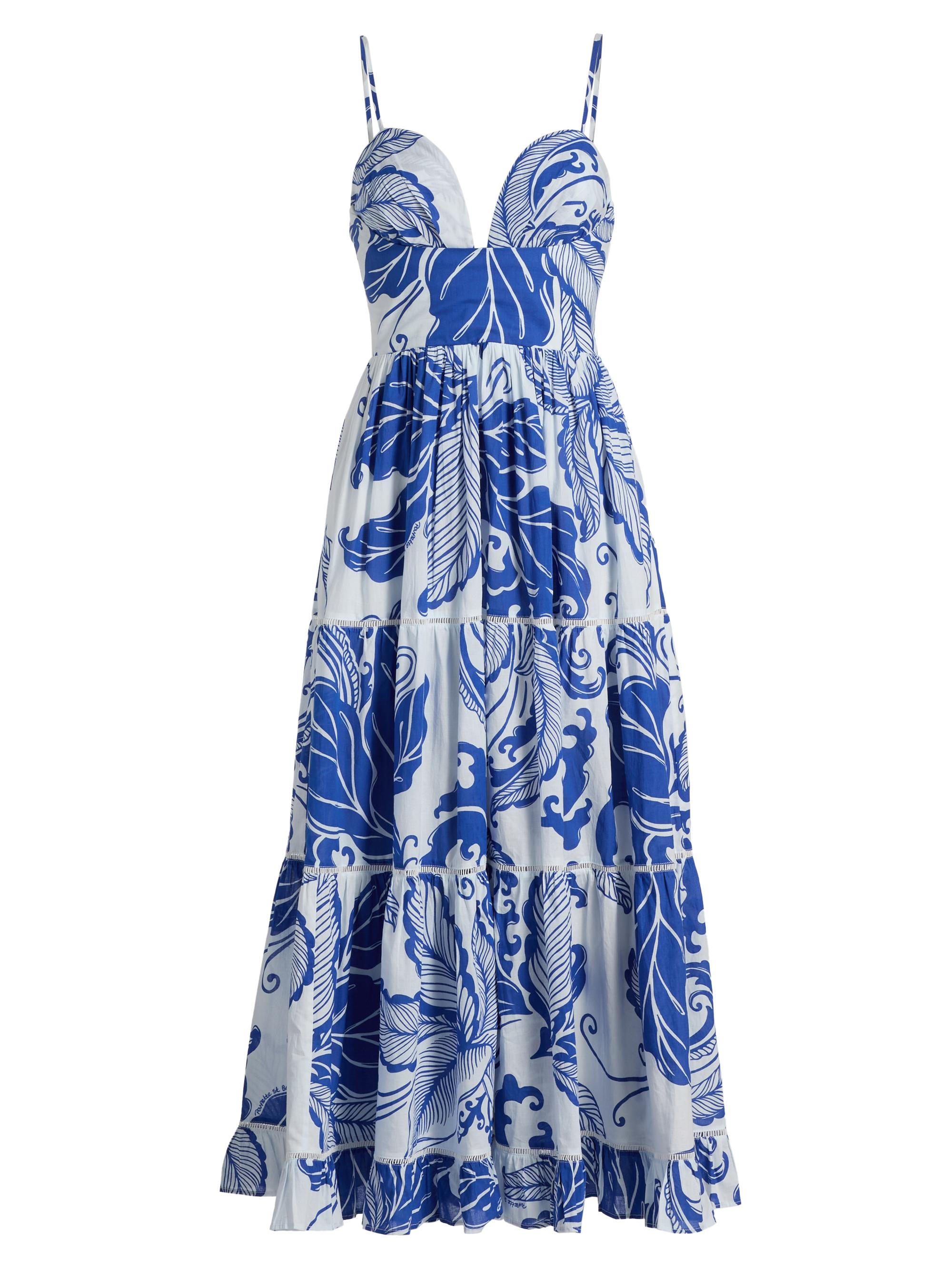 Poupette St Barth Women's Milena Tiered Coral-Print Cotton Midi-Dress - Blue Reef Wave