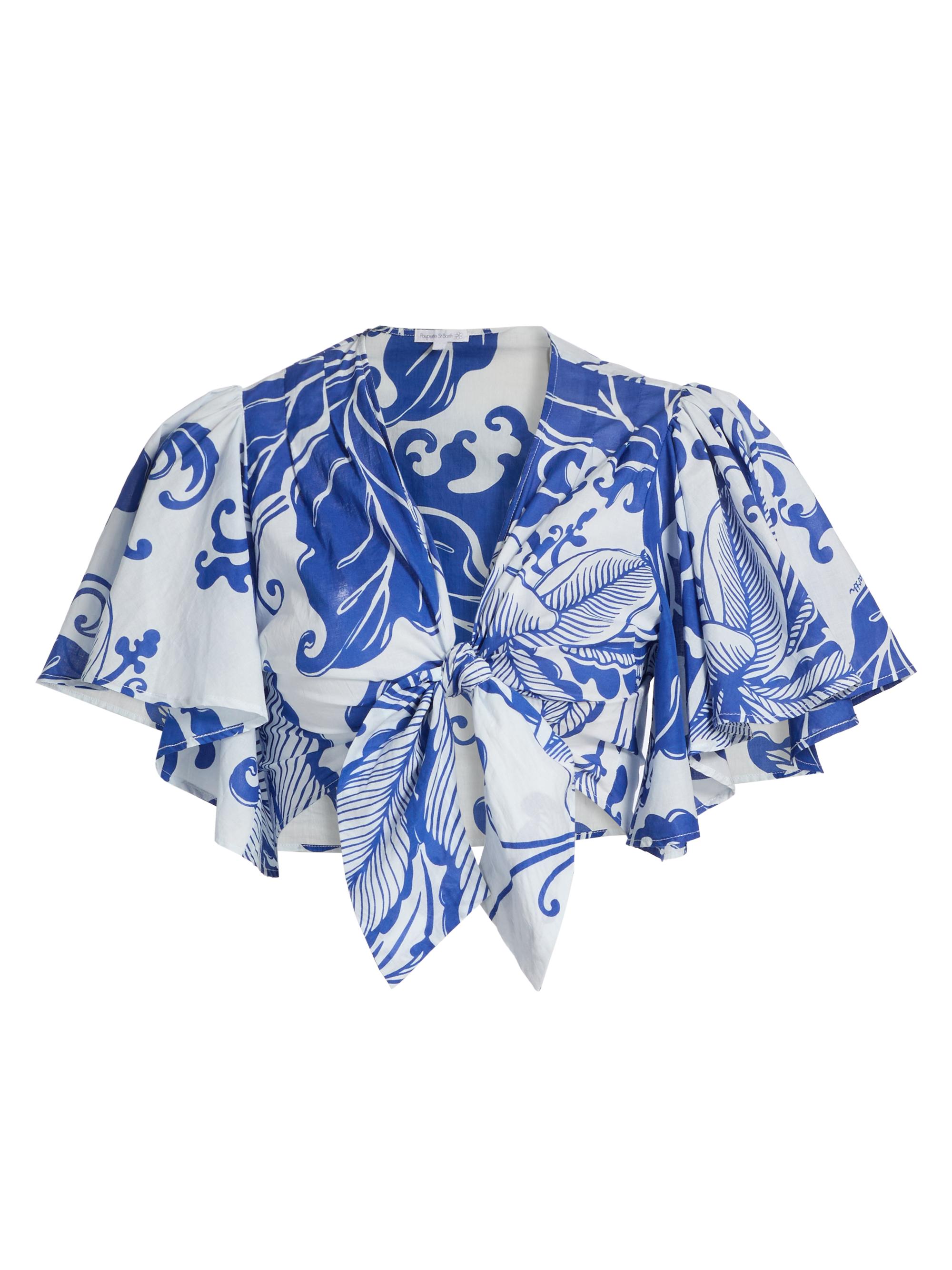 Poupette St Barth Women's Rose Coral-Print Cotton Tie-Front Top - Blue Reef Wave