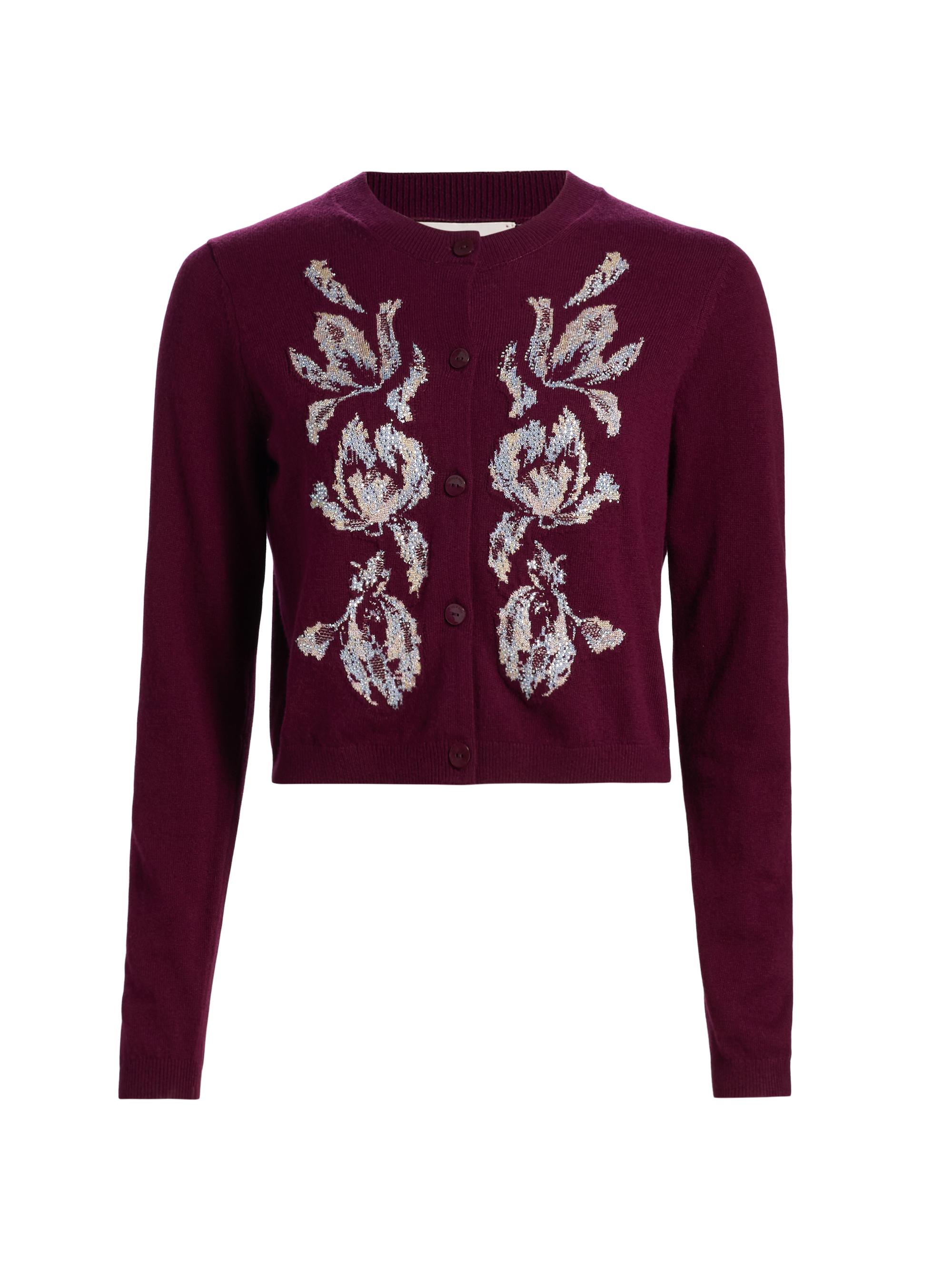 Cinq à Sept Women's Isolde Metallic Merino Wool-Blend Tulip Cardigan - Deep Plum