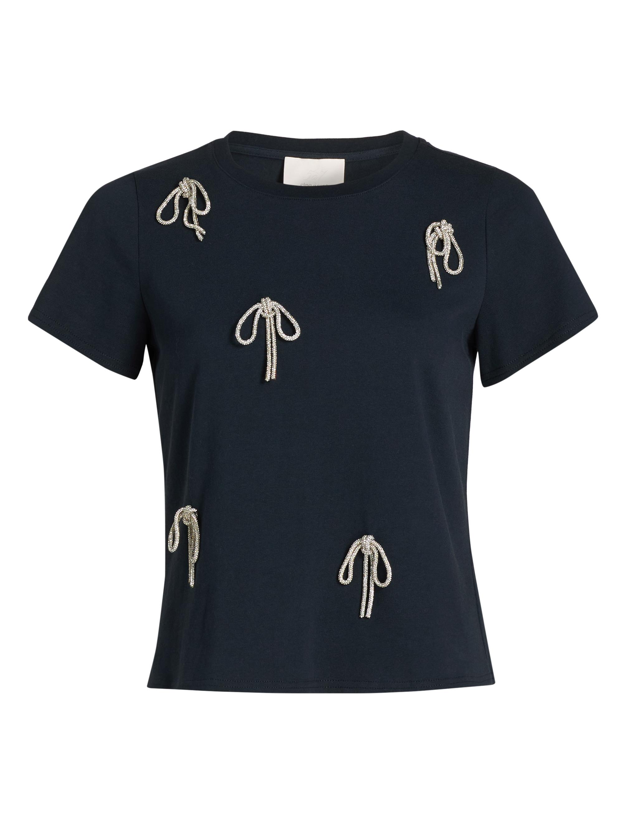 Cinq à Sept Women's Corded Rhinestone Bow Shrunken T-Shirt - Navy