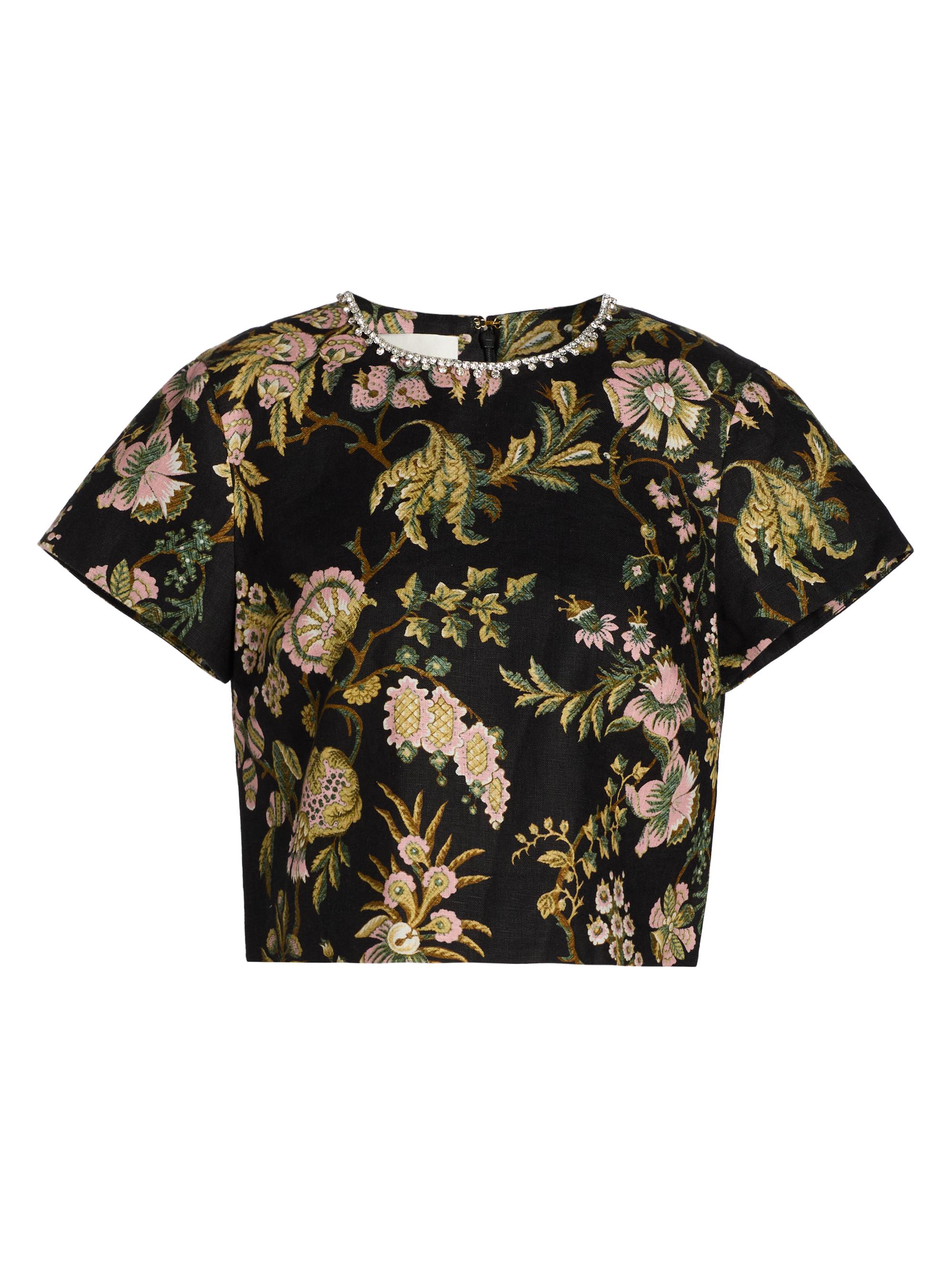Cara Cara Women's Hudson Floral Embellished Linen Crop Top - Clover Black