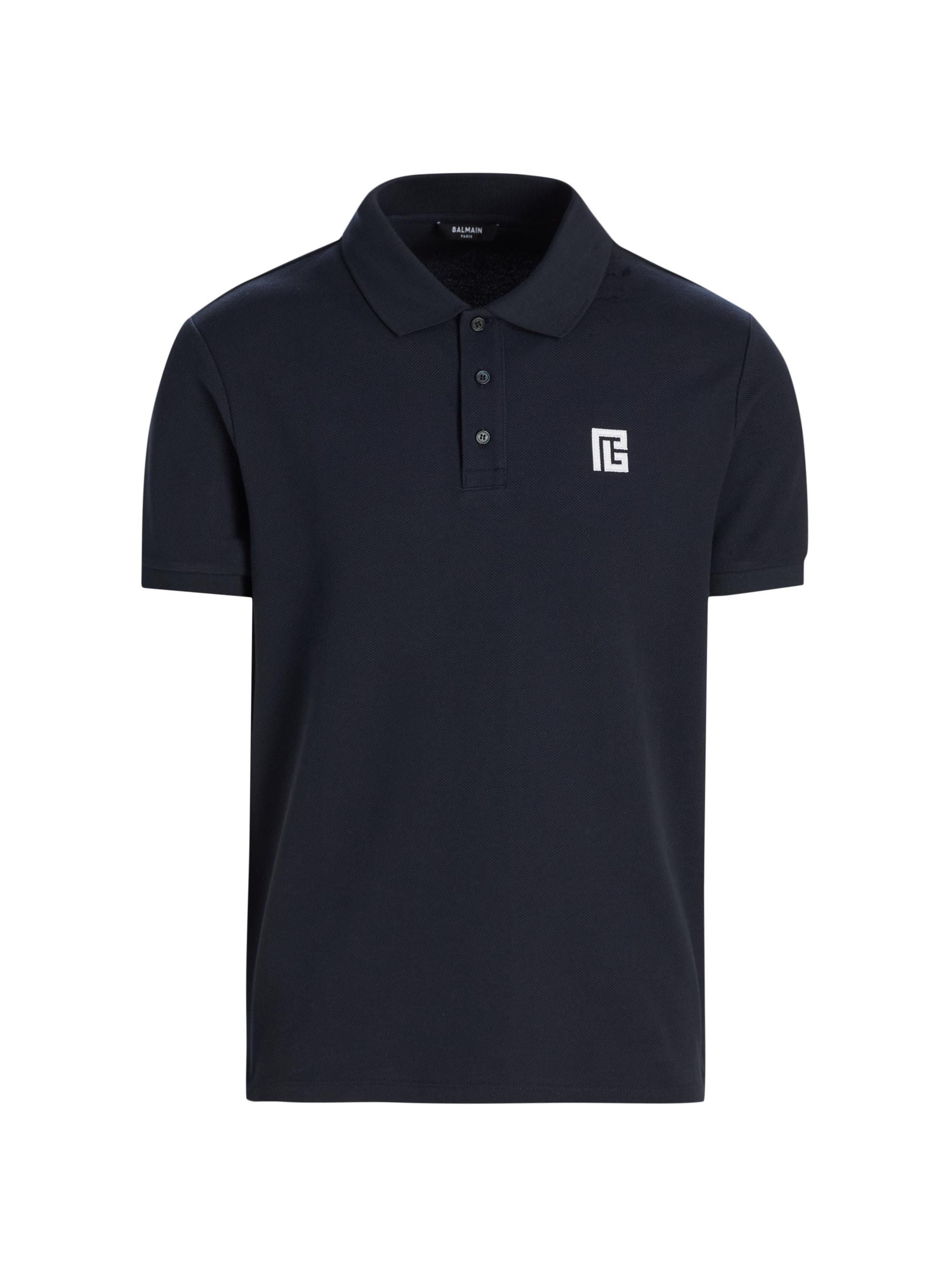 Balmain Men's Monogram Embroidered Polo Shirt - Siv Marine Blanc